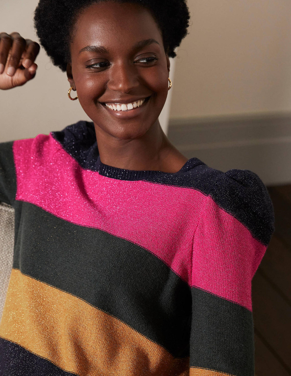 Sparkle Puff Sleeve Sweater-Pink, Black Lurex Multi Stripe-2