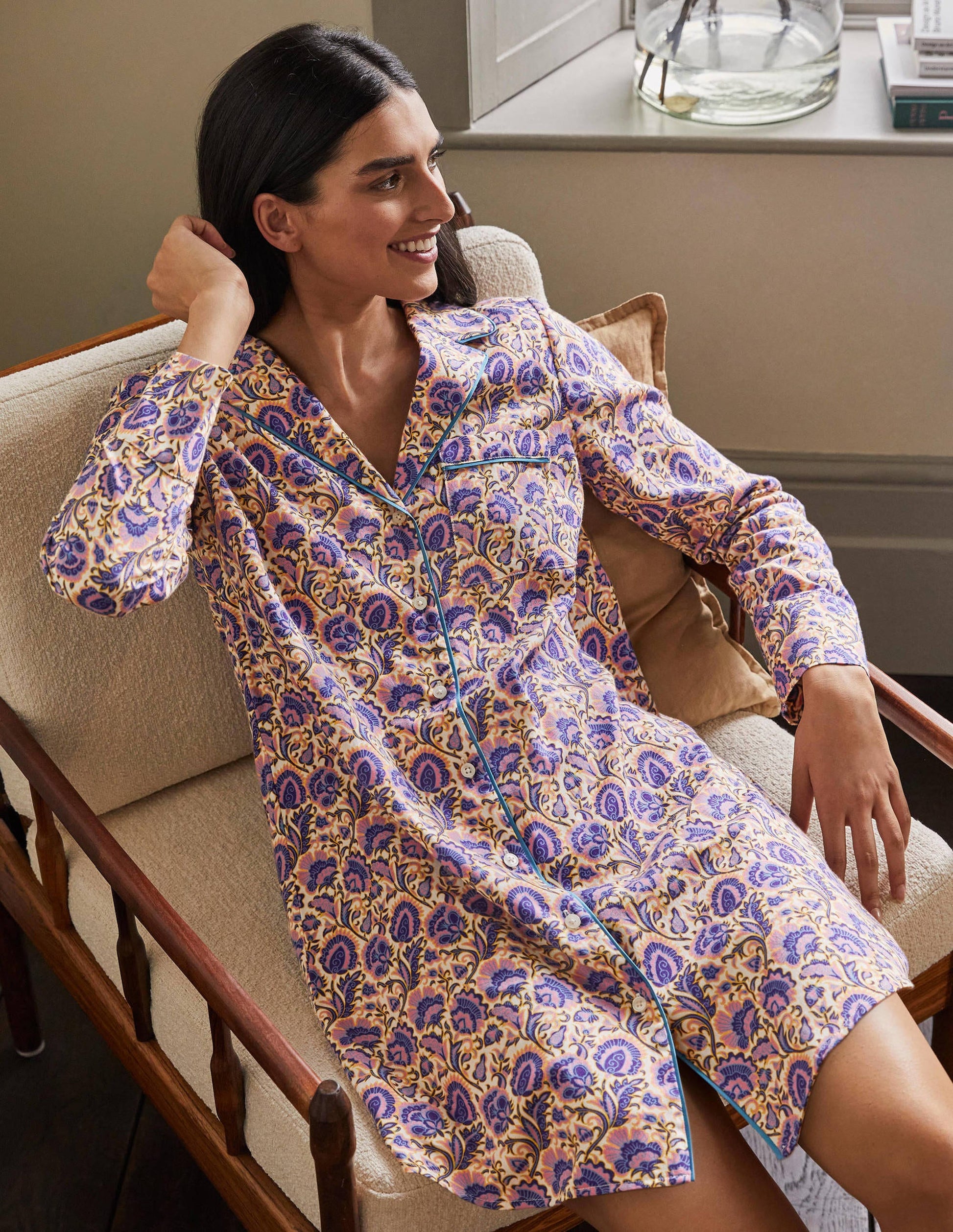 Janie Longline Pyjama Shirt-Ivory, Rich Floral-4