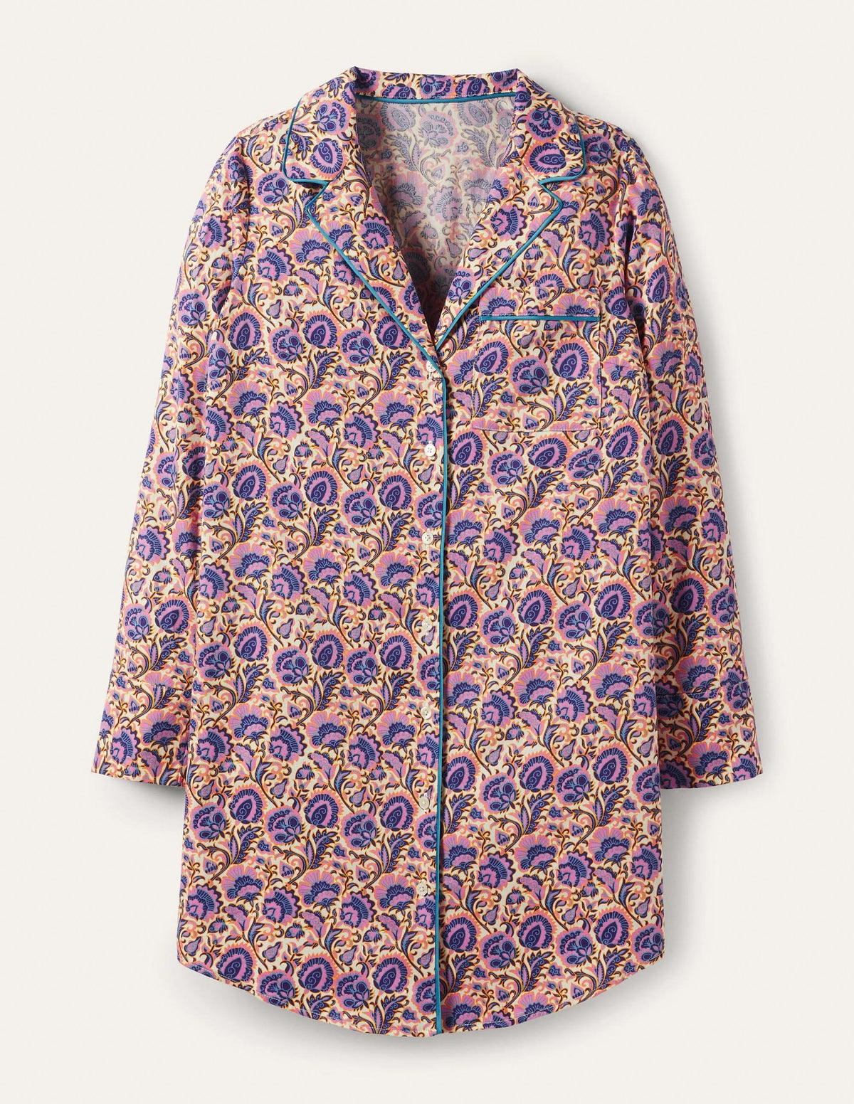 Janie Longline Pyjama Shirt-Ivory, Rich Floral - Image 5