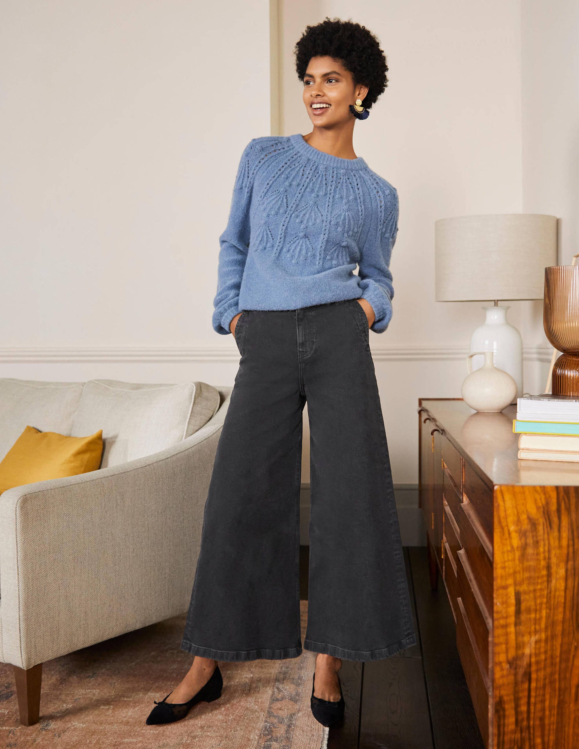 Wide Leg Denim Culottes-Washed Black - Image 4