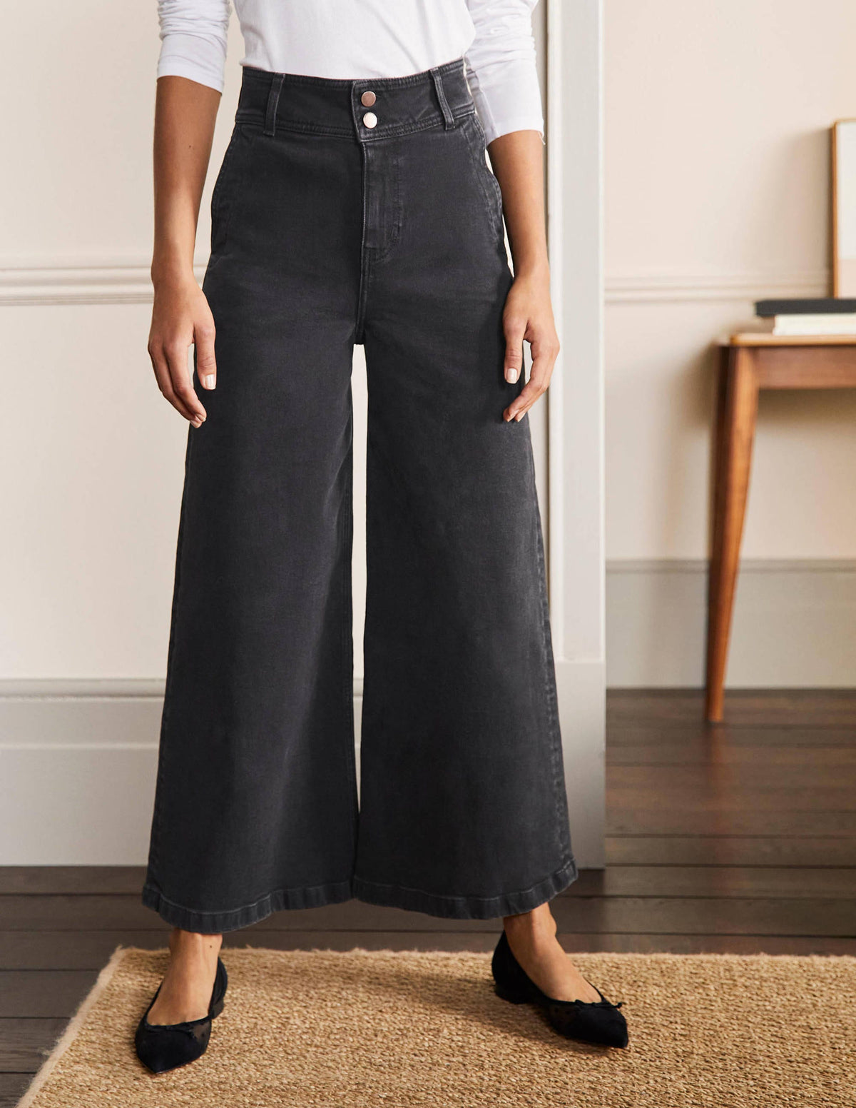 Wide Leg Denim Culottes-Washed Black - Image 3
