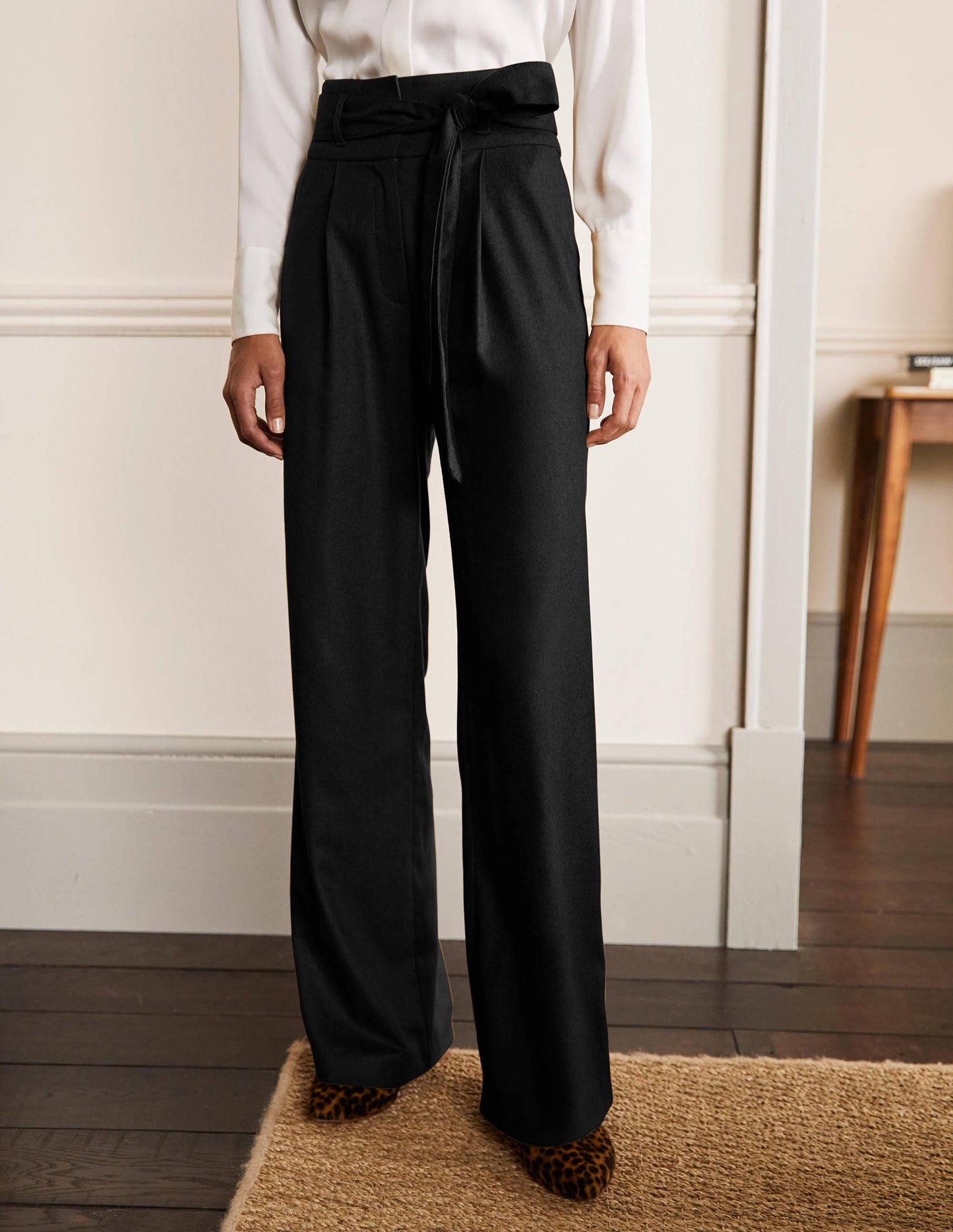 Tie Waist Wide Leg Pants-Black