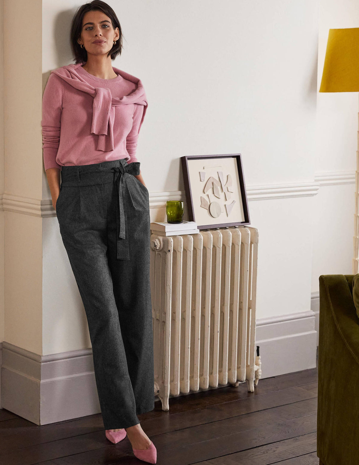 Tie Waist Wide Leg Pants-Charcoal Marl - Image 1