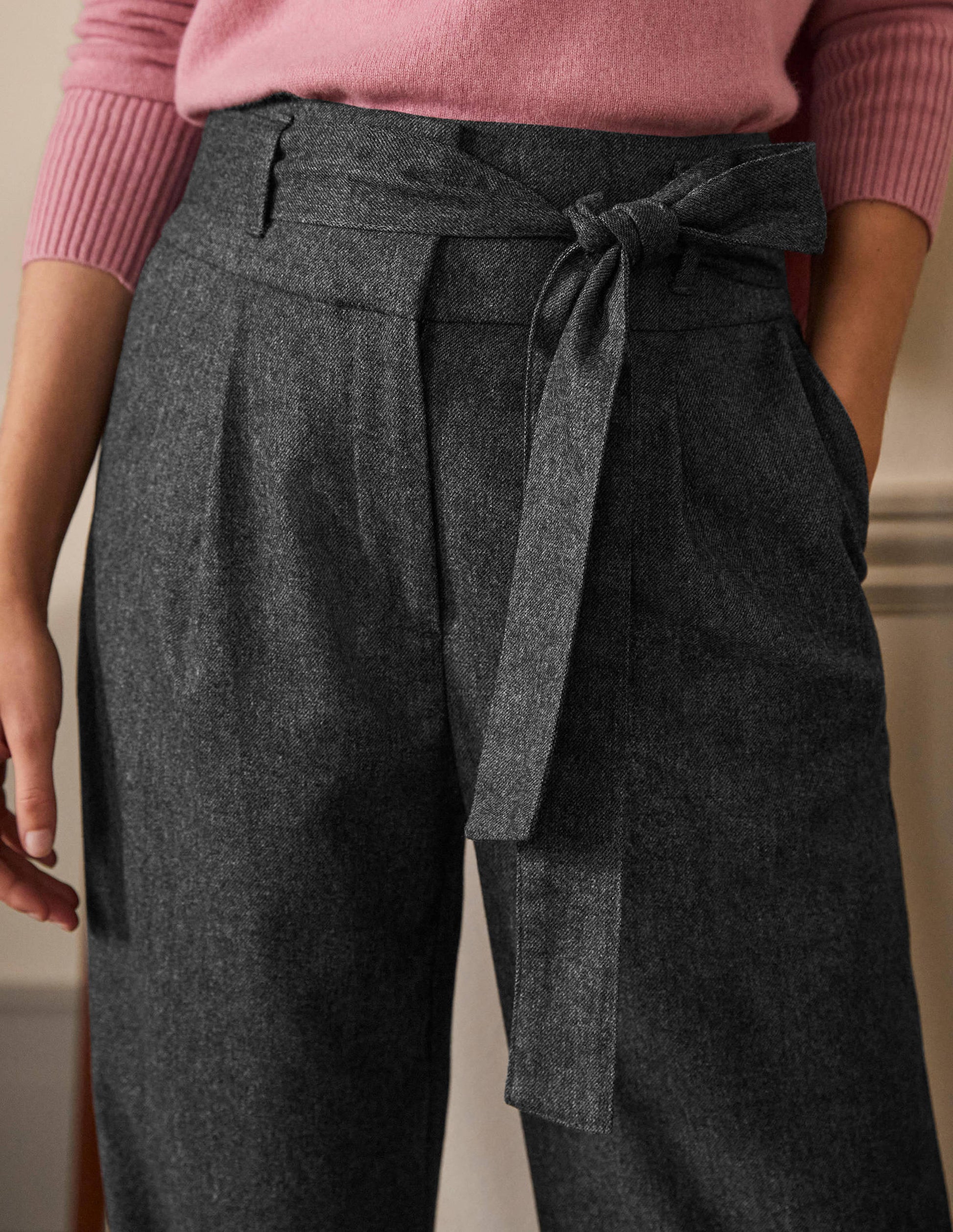 Tie Waist Wide Leg Pants-Charcoal Marl-2