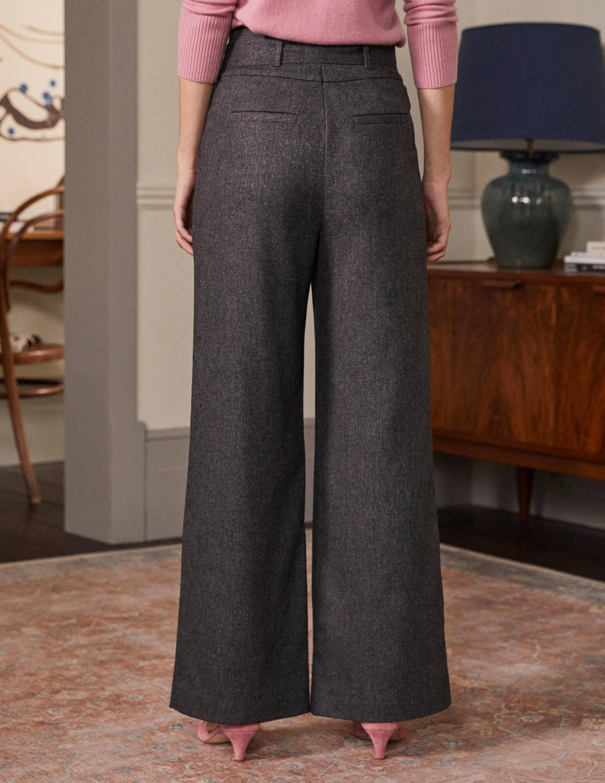Tie Waist Wide Leg Pants-Charcoal Marl - Image 3