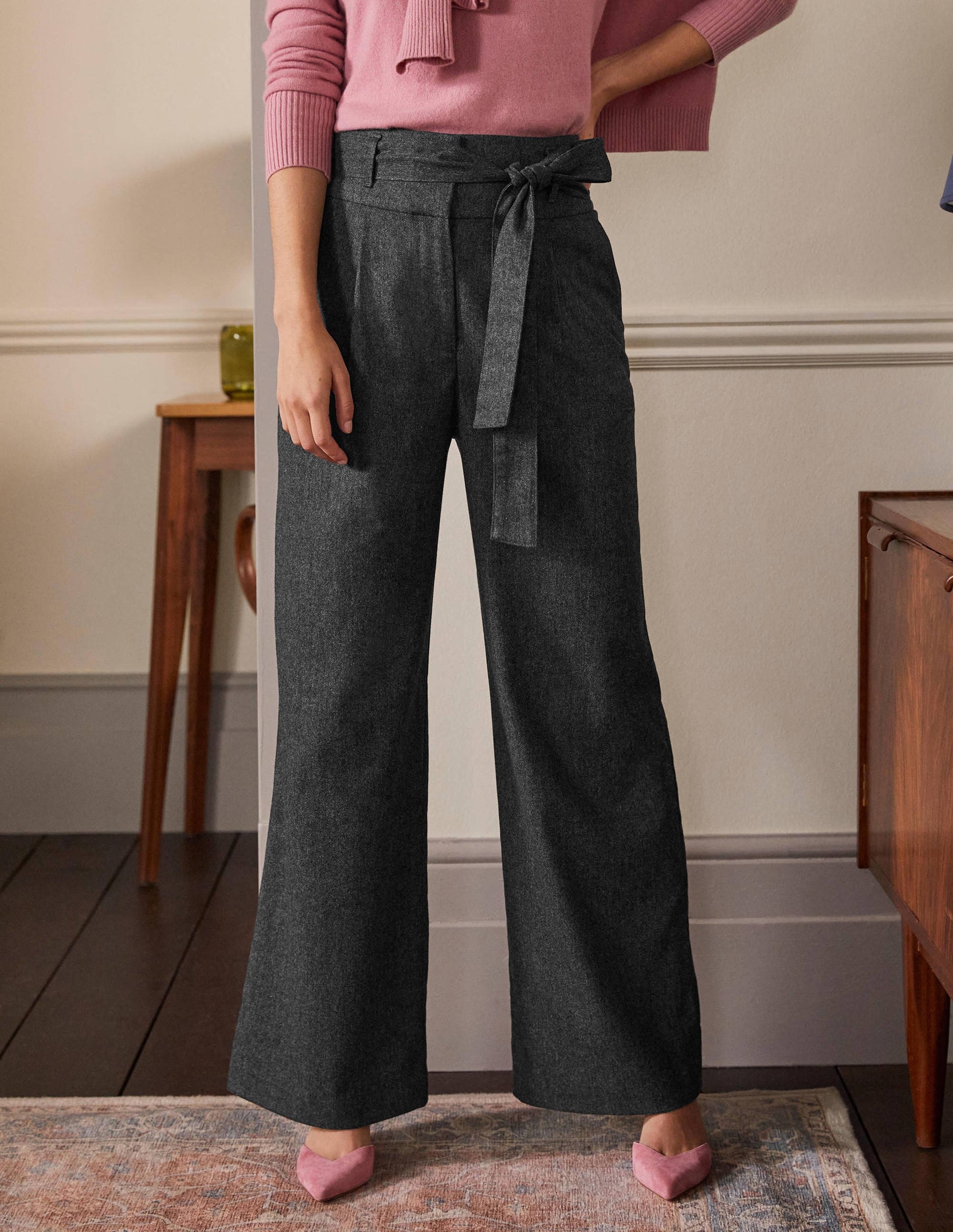 Tie Waist Wide Leg Pants-Charcoal Marl-4