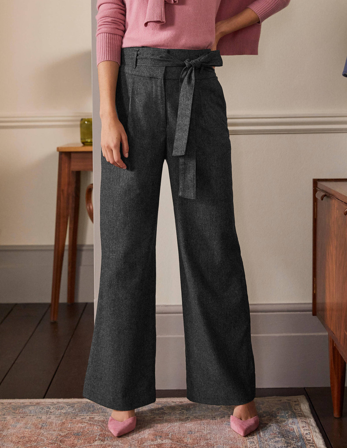 Tie Waist Wide Leg Pants-Charcoal Marl - Image 4