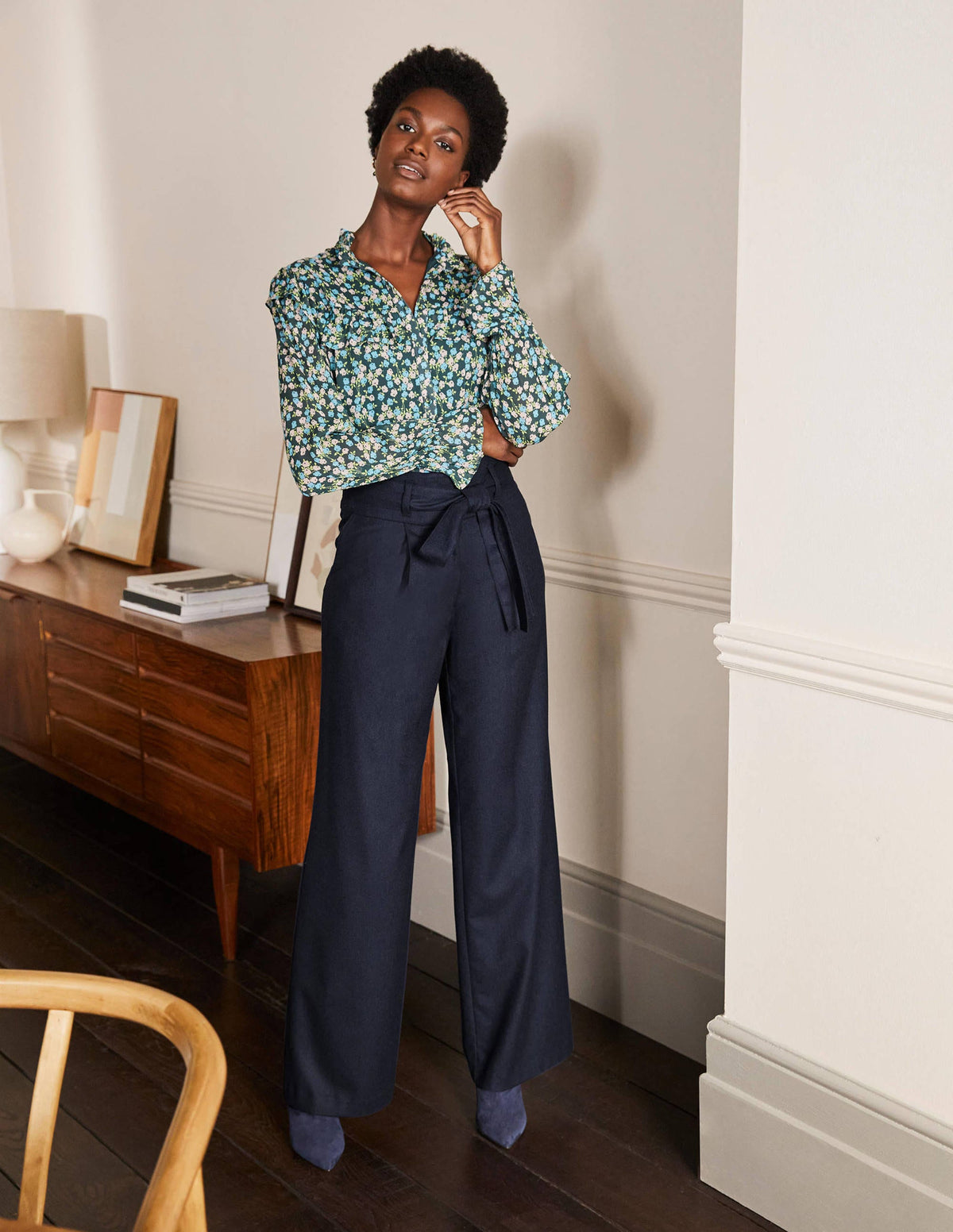 Tie Waist Wide Leg Pants-Navy-4