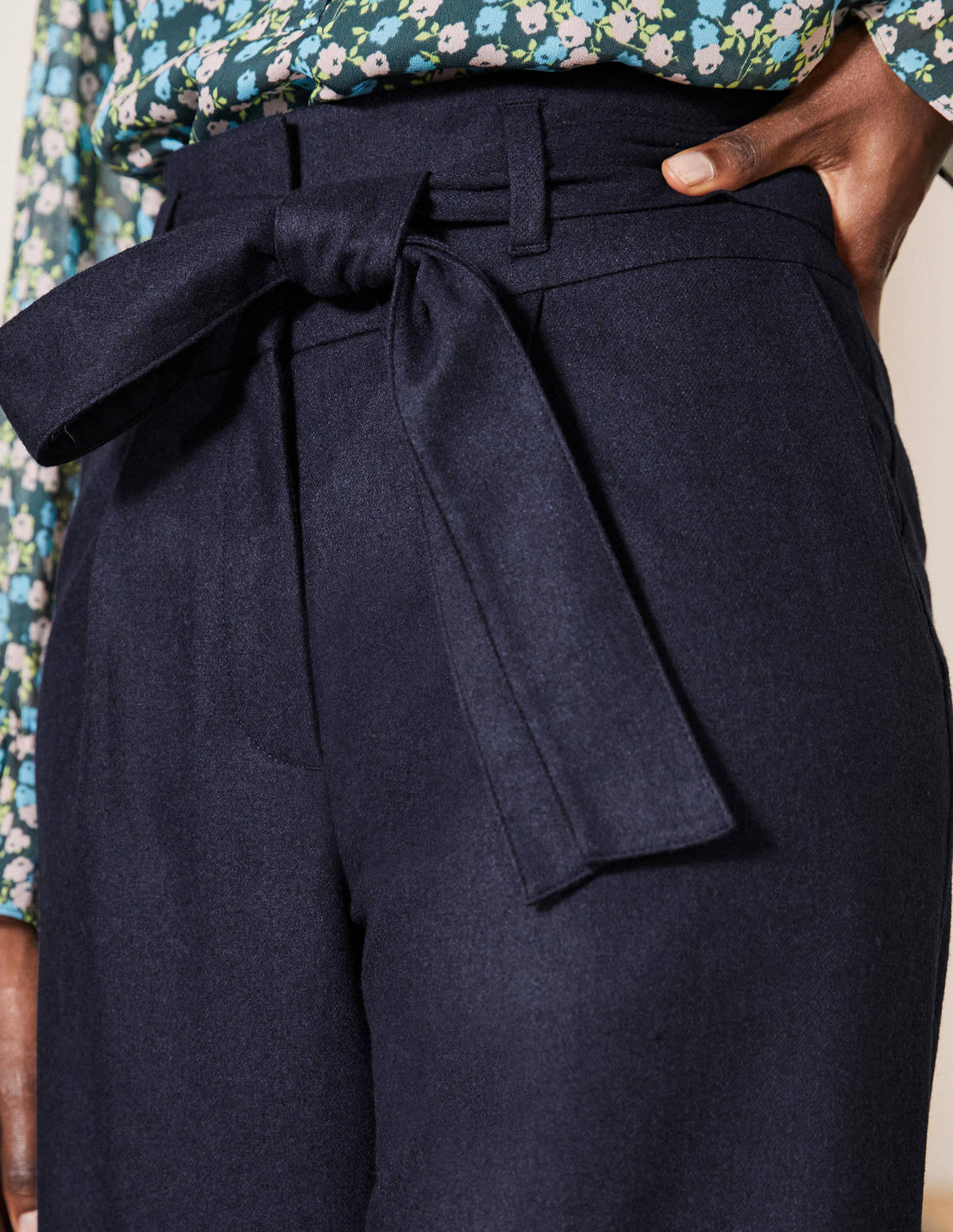 Tie Waist Wide Leg Pants-Navy - Image 1