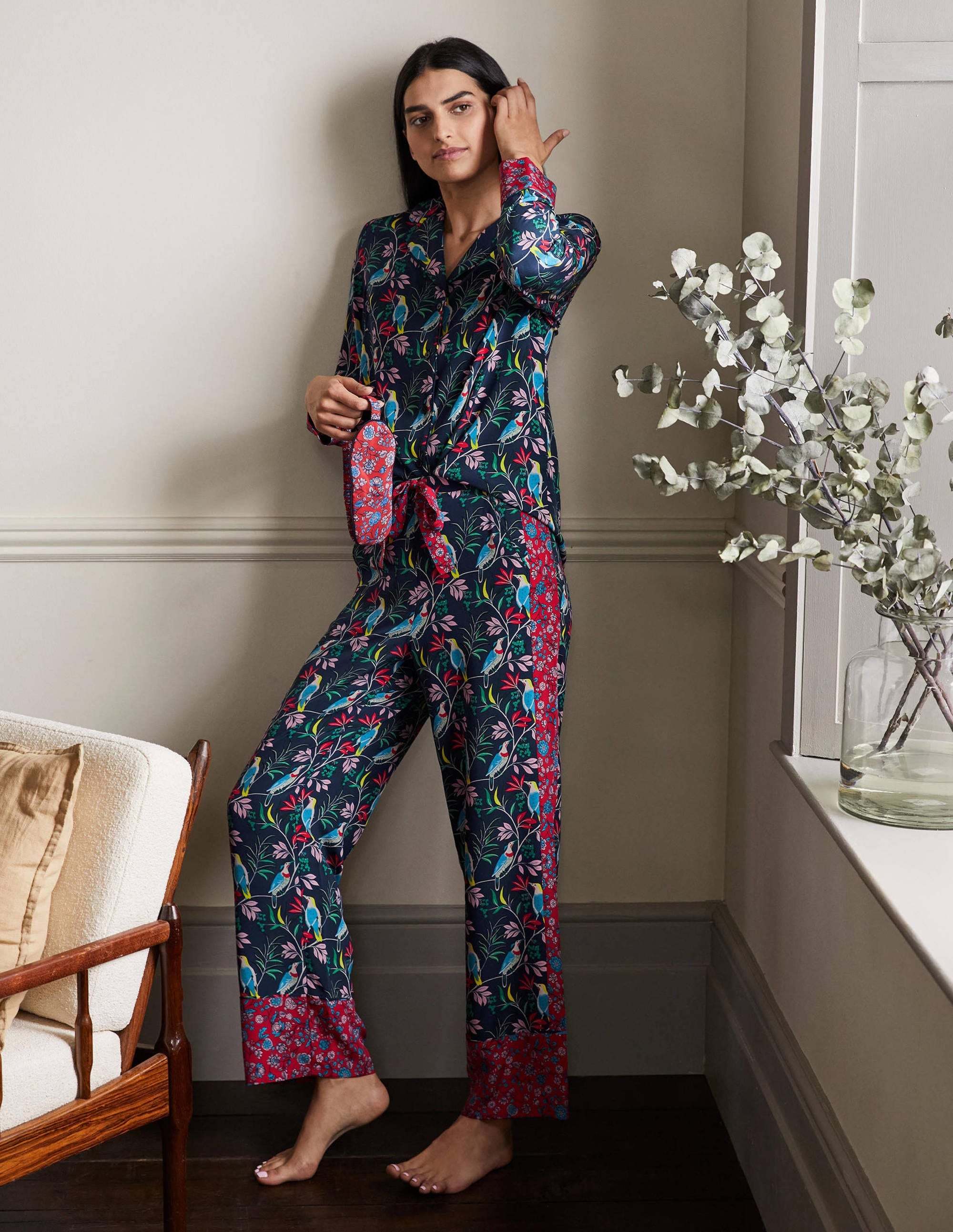 Silk Pajama Set-Navy, Berry Bird - Image 4