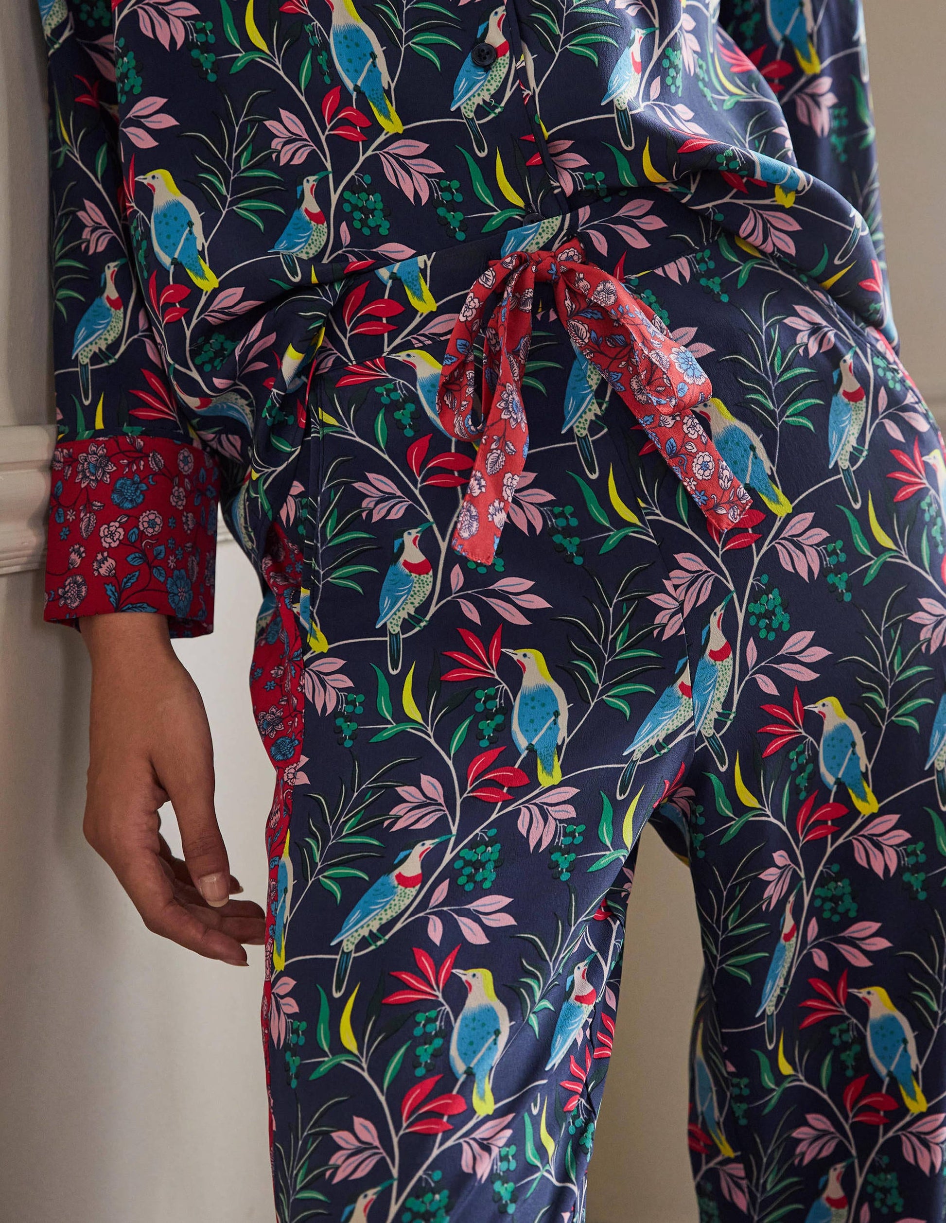 Silk Pajama Set-Navy, Berry Bird-1