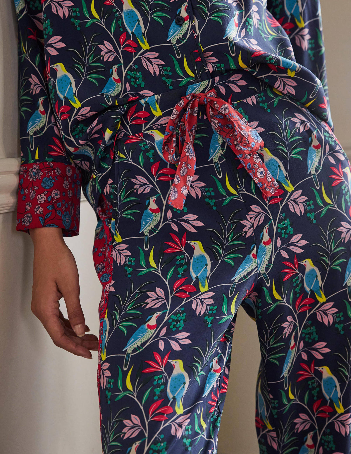Silk Pajama Set-Navy, Berry Bird - Image 1