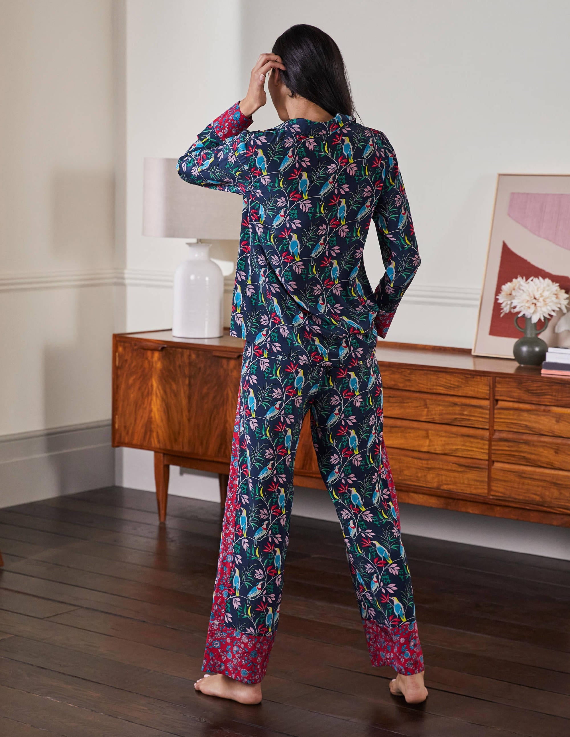 Silk Pajama Set-Navy, Berry Bird - Image 2