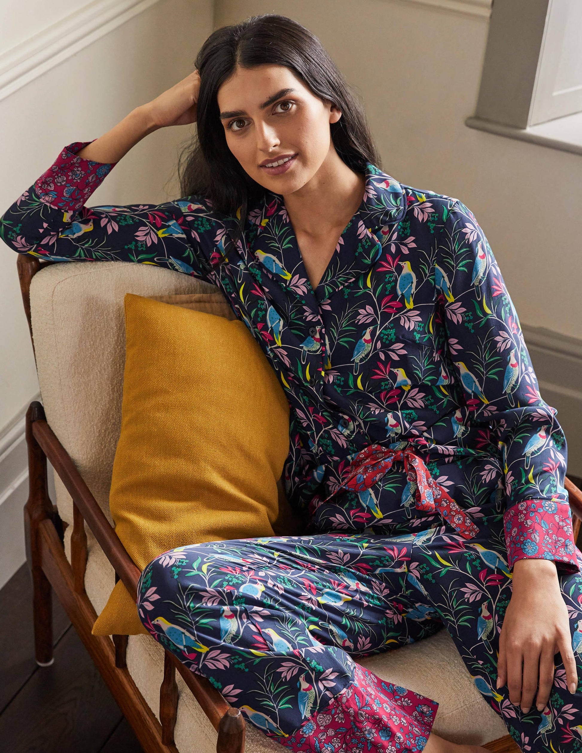 Silk Pajama Set-Navy, Berry Bird-3