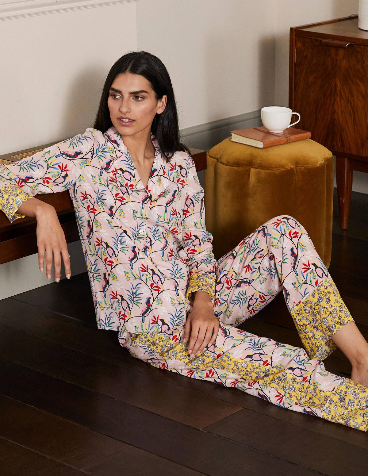 Silk Pajama Set-Milkshake, Berry Bird-4