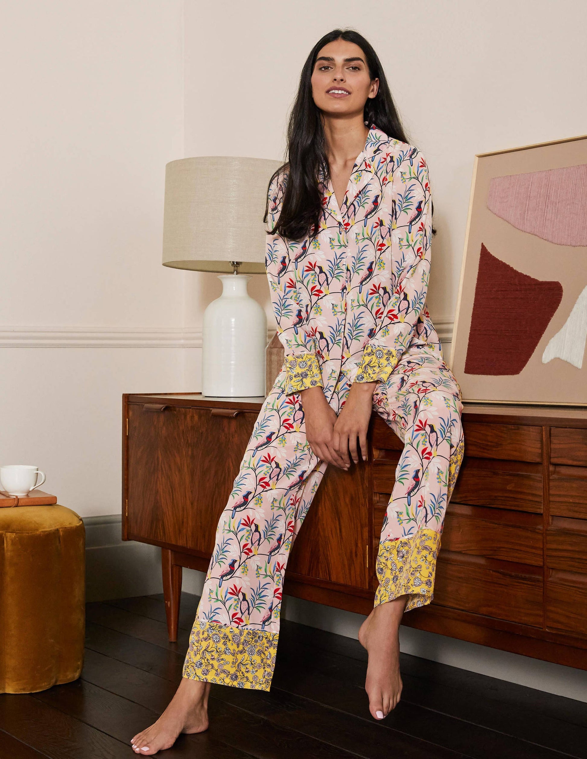 Silk Pajama Set-Milkshake, Berry Bird-3