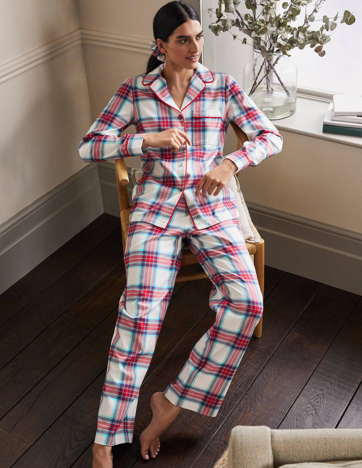 Vanessa Cosy Pajama Set-Ivory and Rockabilly Red Check-4