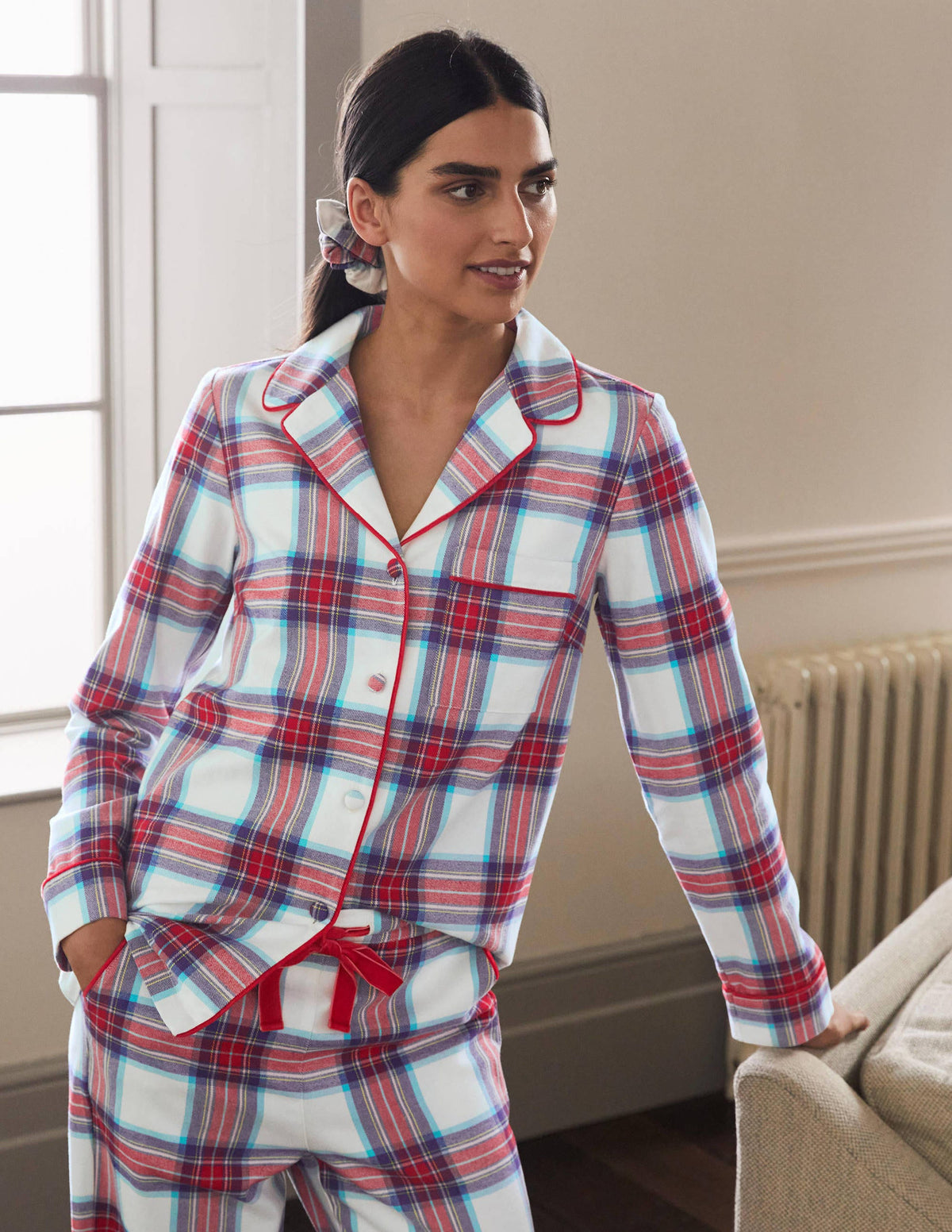 Vanessa Cosy Pajama Set-Ivory and Rockabilly Red Check-3