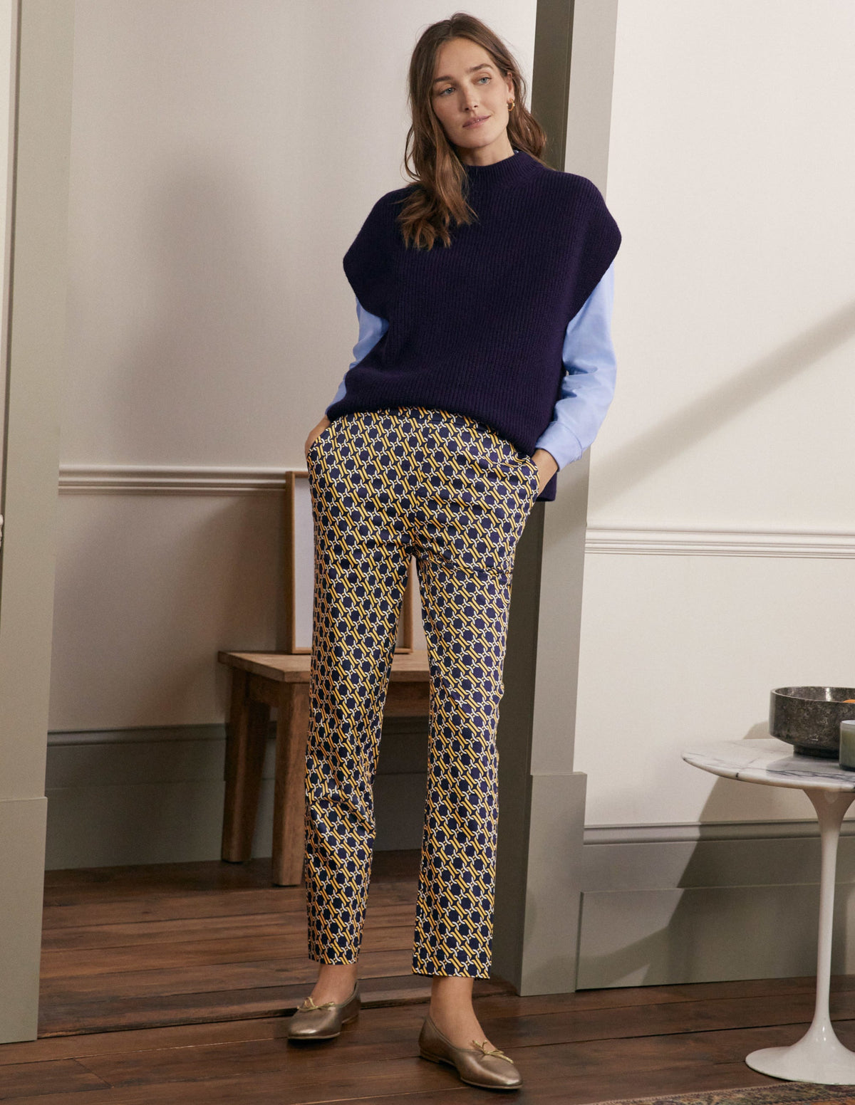 Pull On Pants-Navy, Chain Geo-5