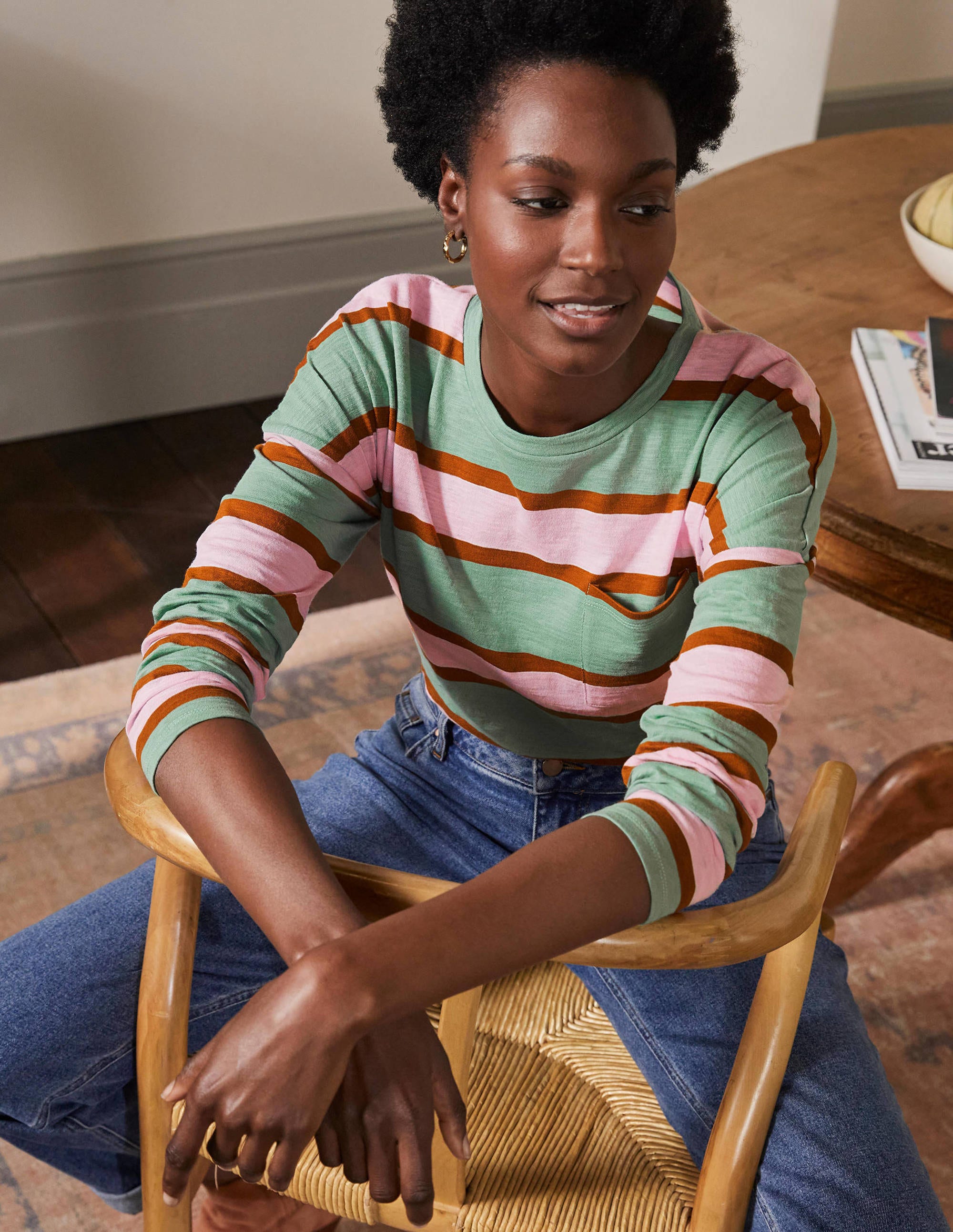Boxy Jersey Tee-Duck Egg/ Coconut Stripe - Image 4