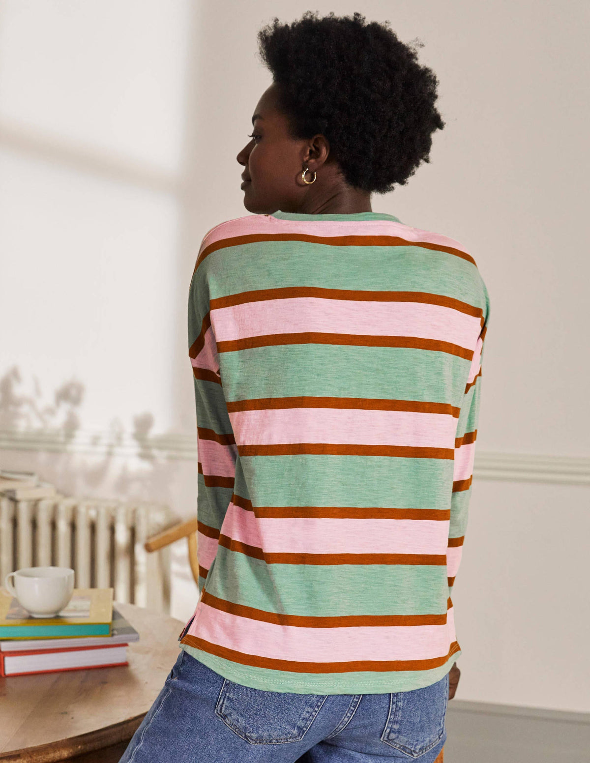 Boxy Jersey Tee-Duck Egg/ Coconut Stripe - Image 2