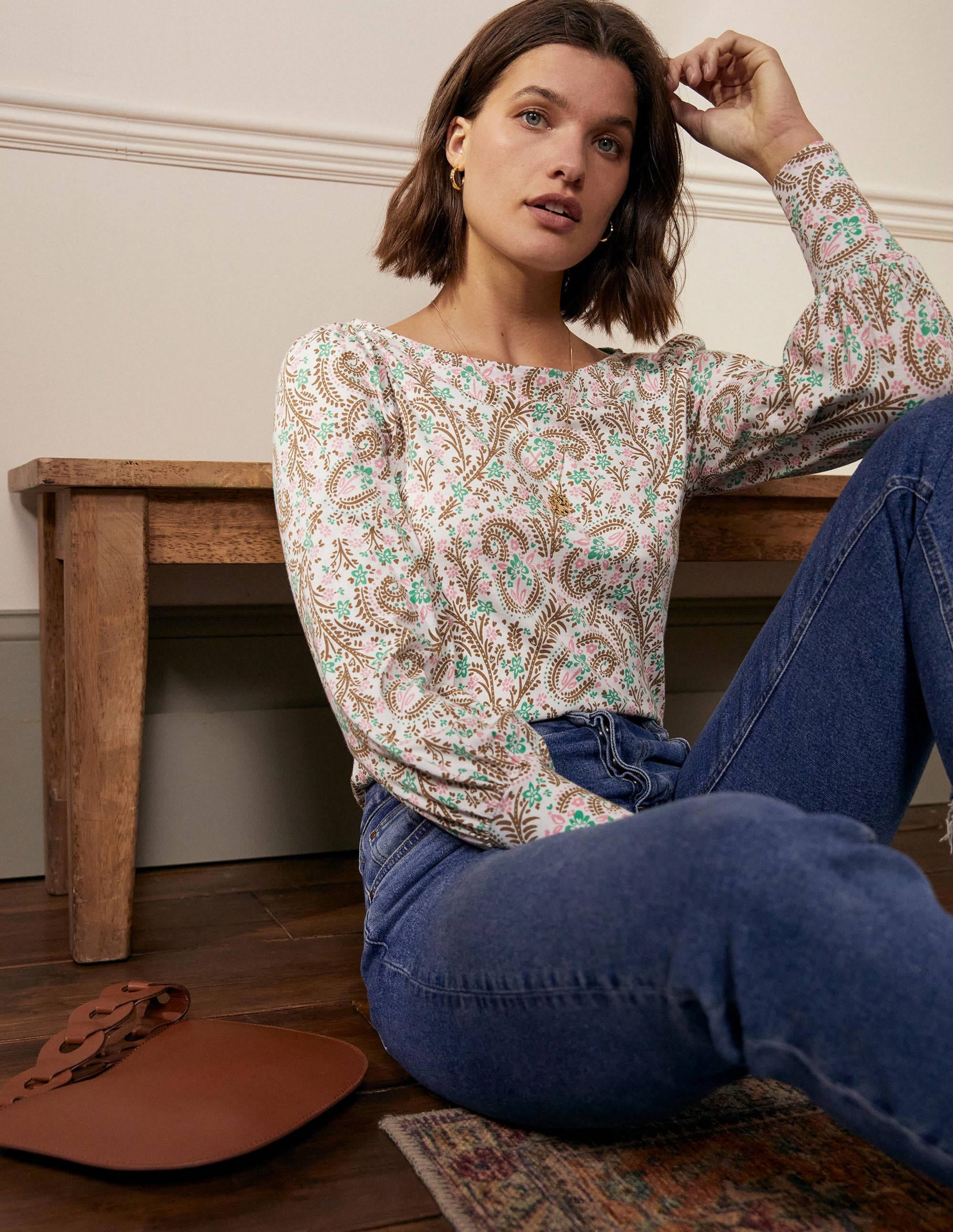 Blouson Jersey Top-Ivory, Floral Paisley - Image 5