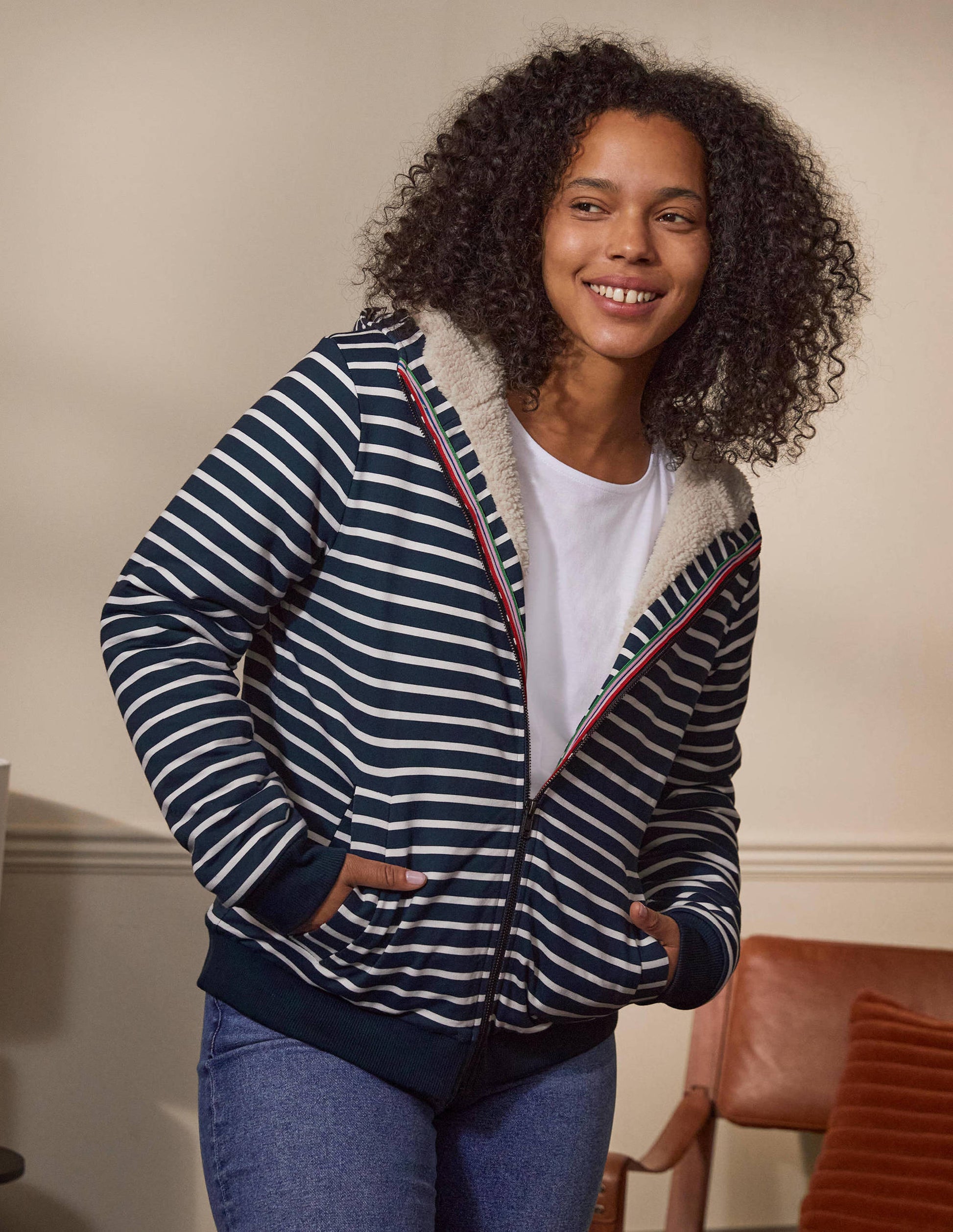 Teddy Lined Zip Through-Navy/ Ivory-3