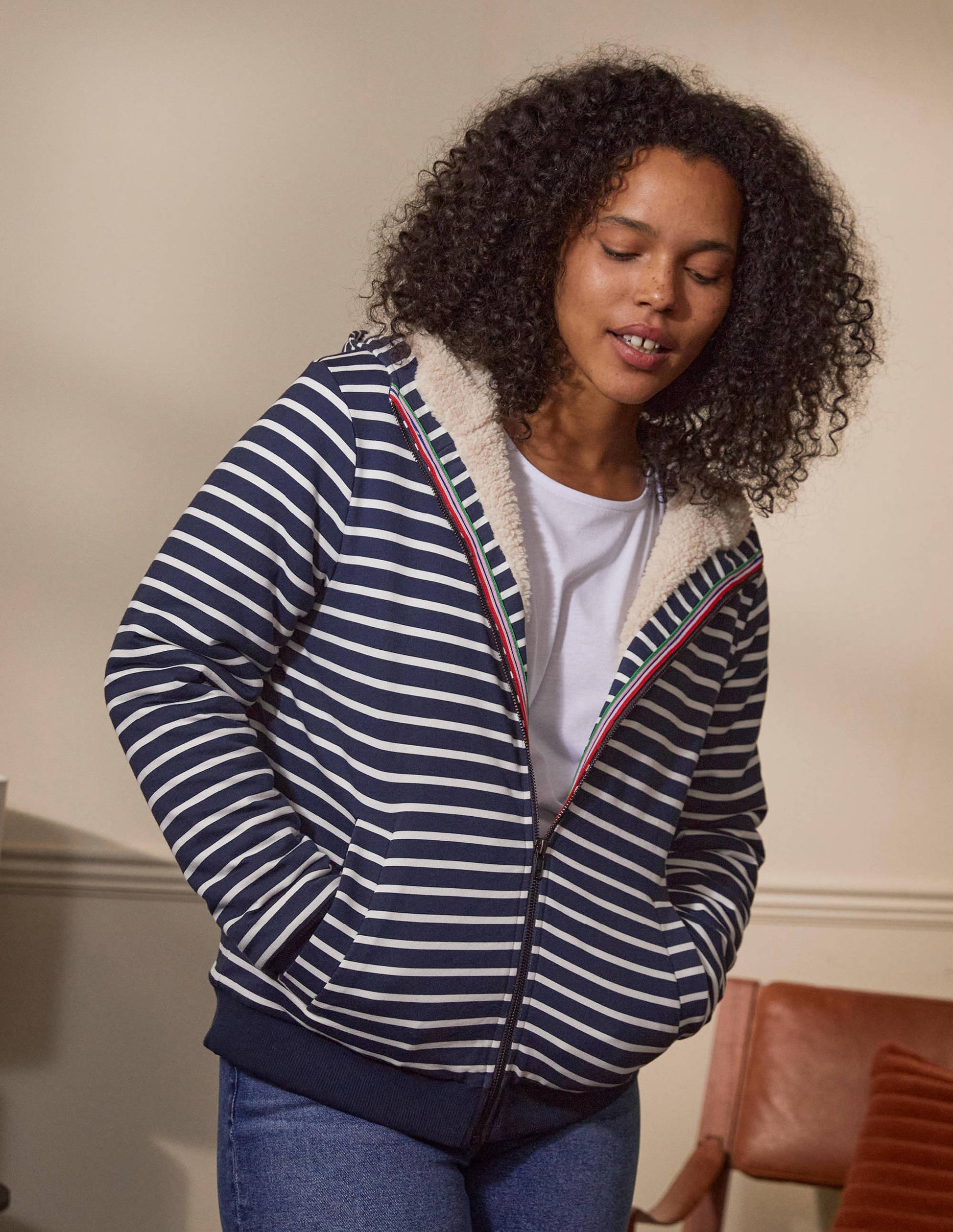Teddy Lined Zip Through-Navy/ Ivory-4