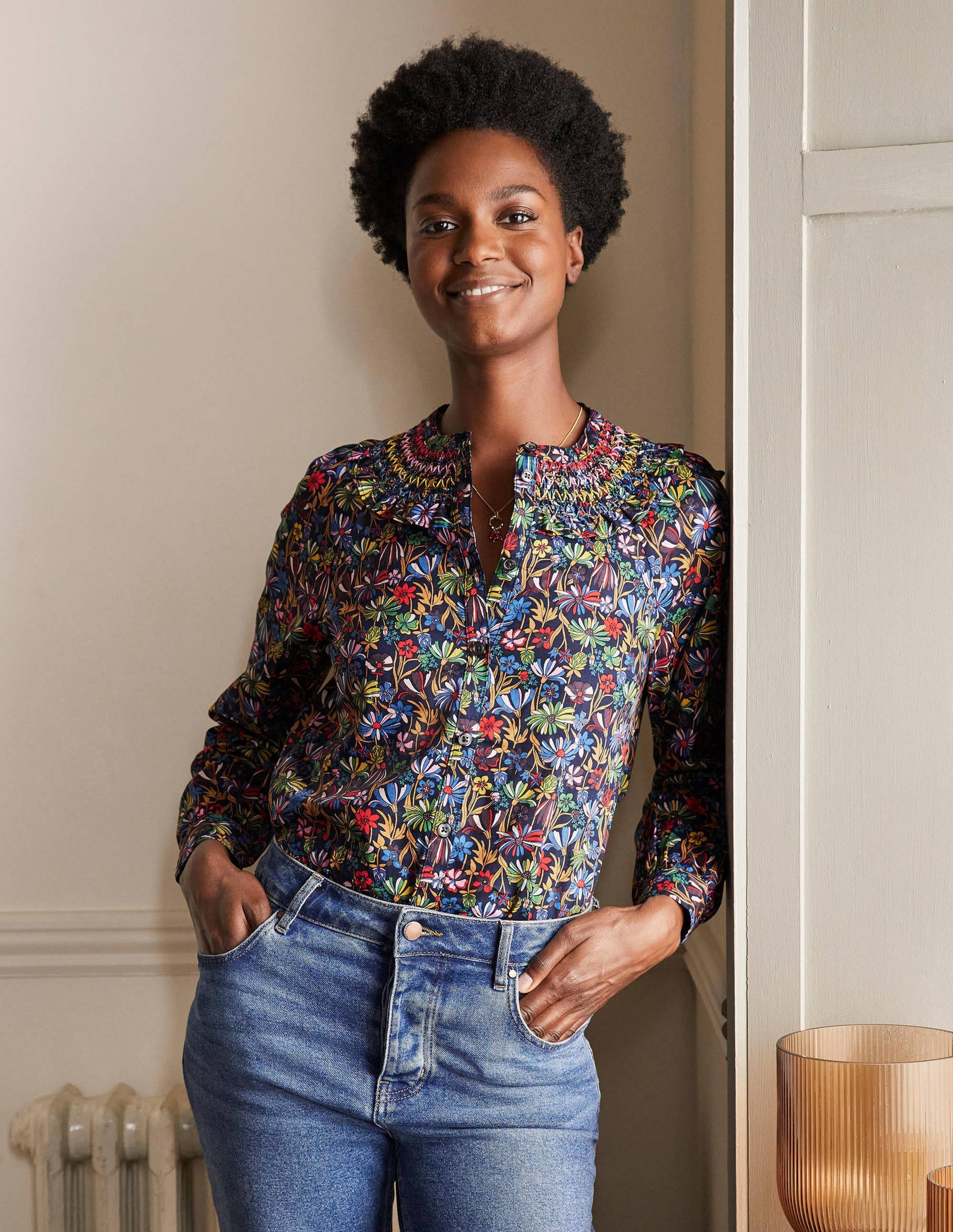 Leandra Smocked Cotton Shirt-Navy, Wild Dandelion-4