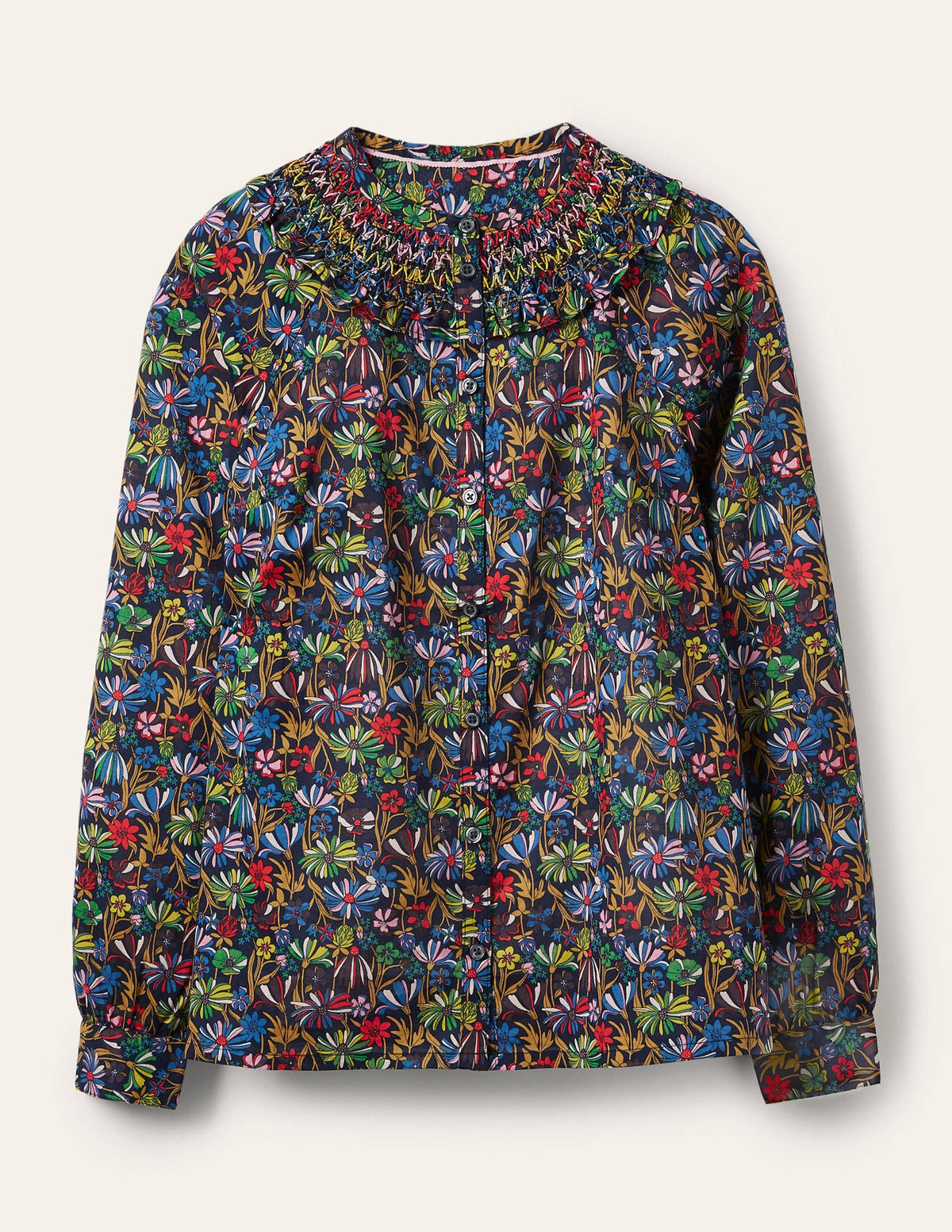 Leandra Smocked Cotton Shirt-Navy, Wild Dandelion-5