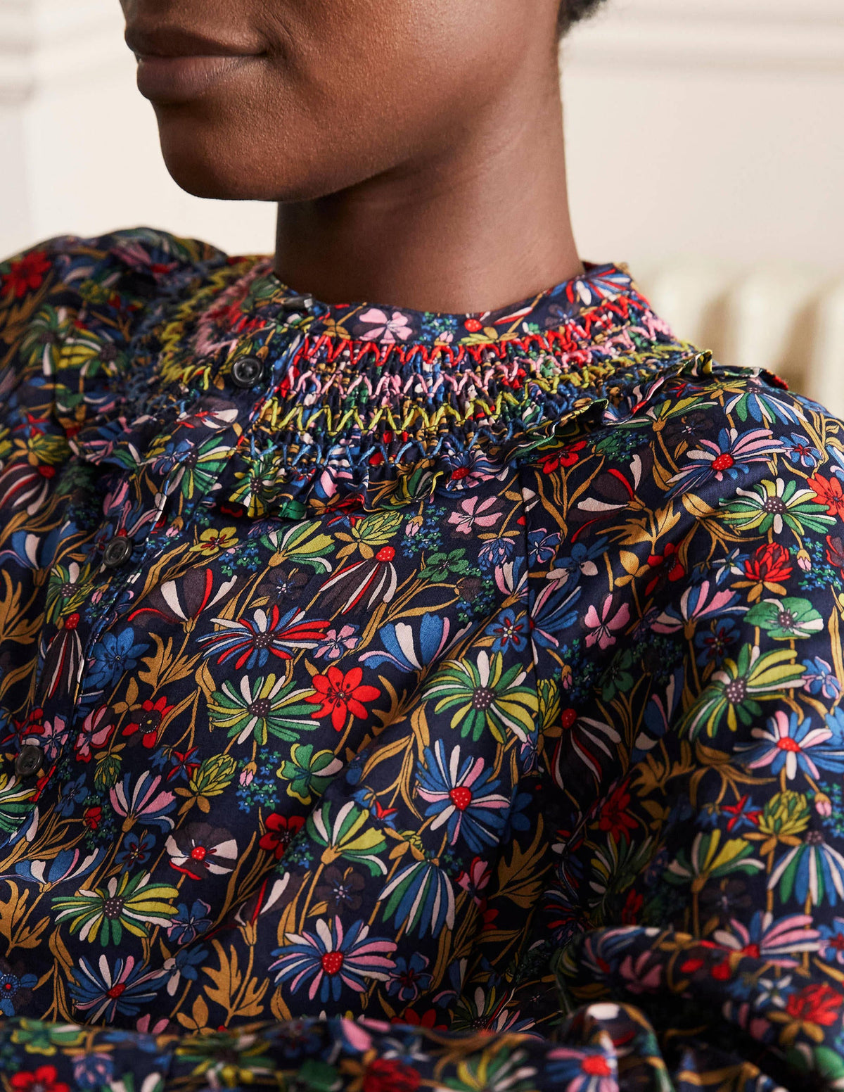 Leandra Smocked Cotton Shirt-Navy, Wild Dandelion-1