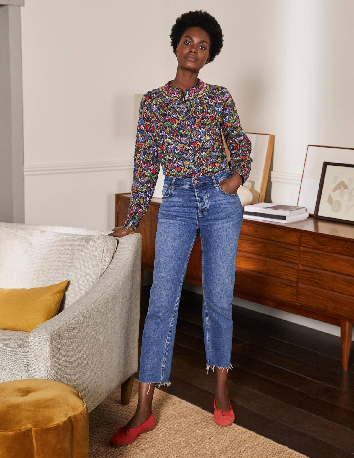 Leandra Smocked Cotton Shirt-Navy, Wild Dandelion - Image 3