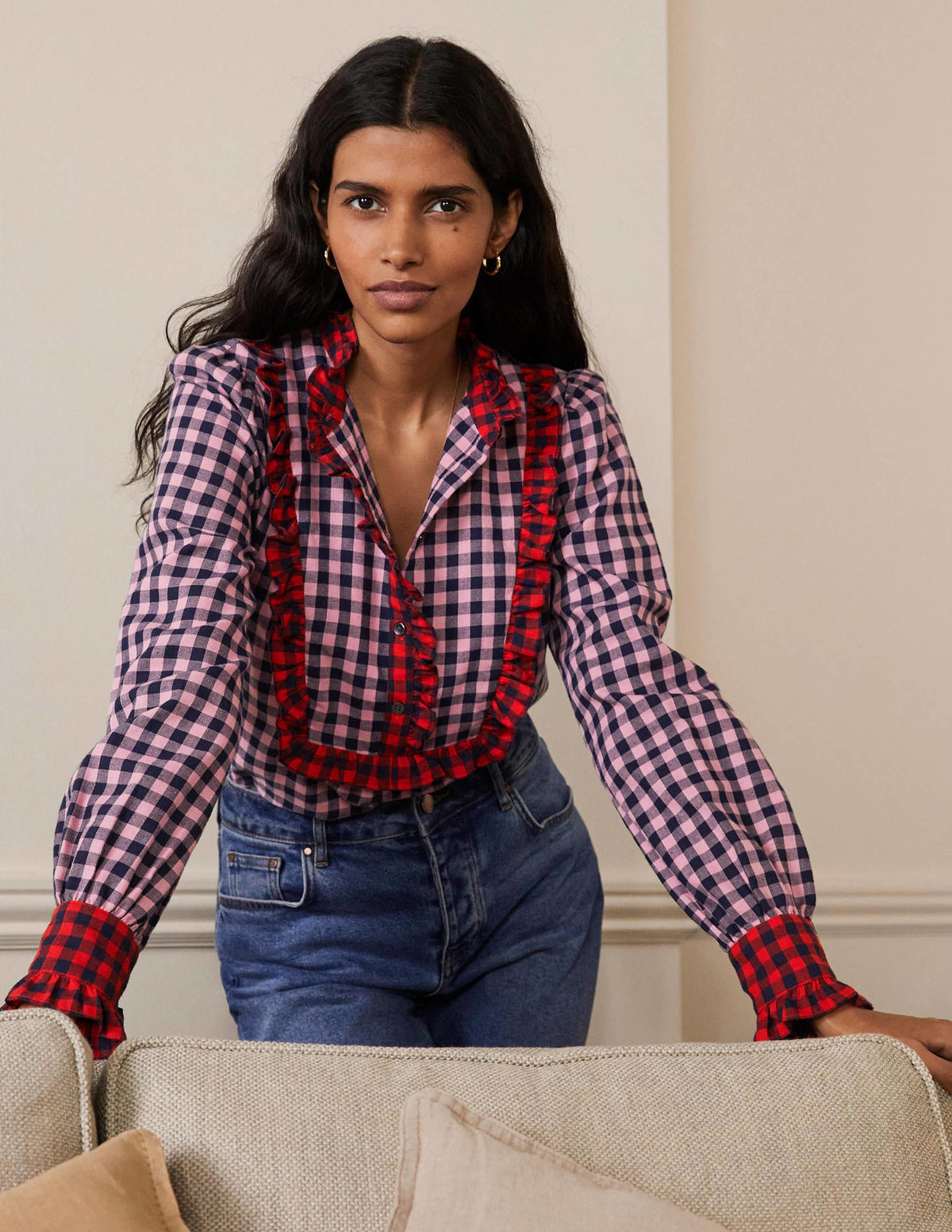 Isla Frill Detail Blouse-Formica Pink and Navy Gingham - Image 1
