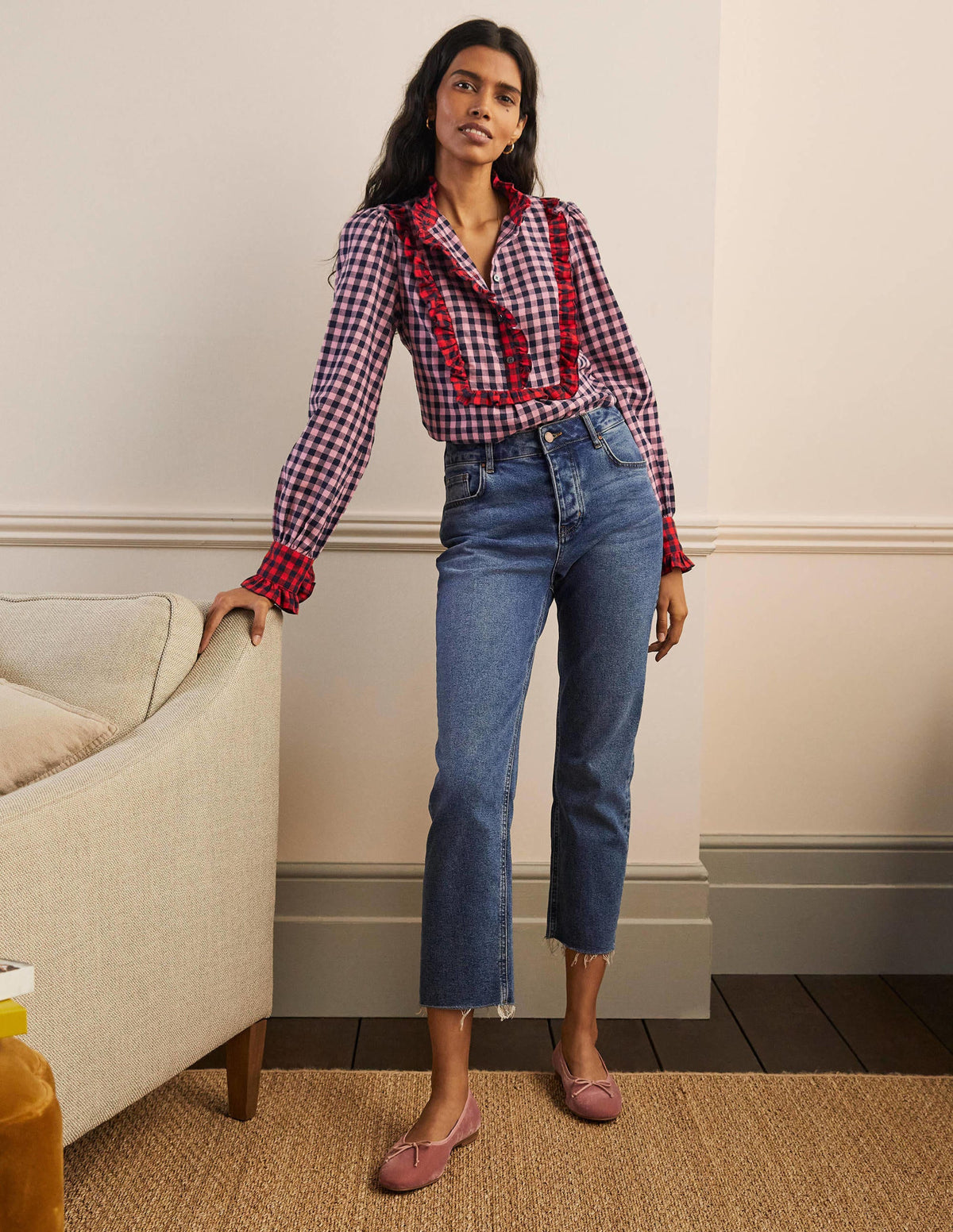 Isla Frill Detail Blouse-Formica Pink and Navy Gingham - Image 4