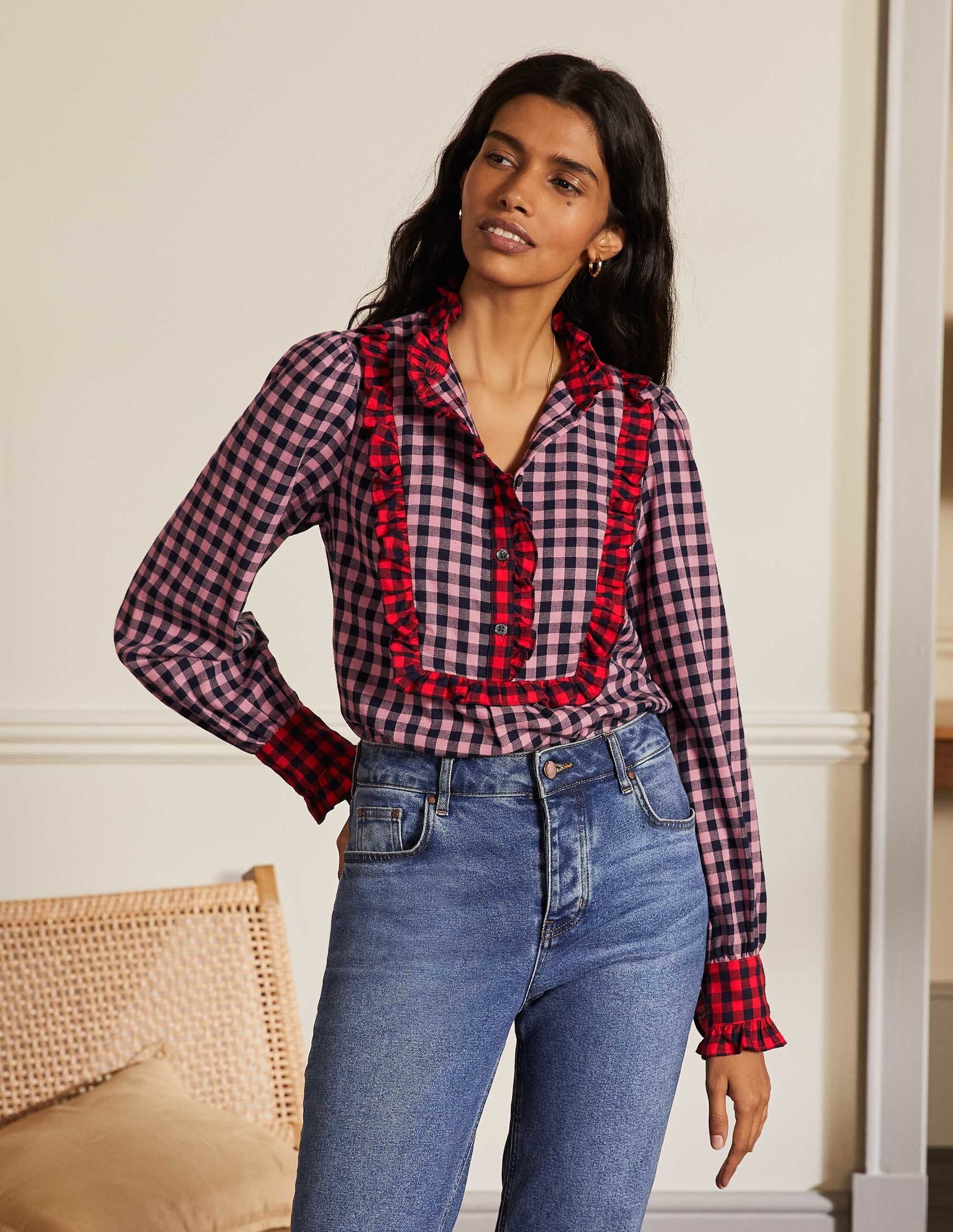 Isla Frill Detail Blouse-Formica Pink and Navy Gingham - Image 8