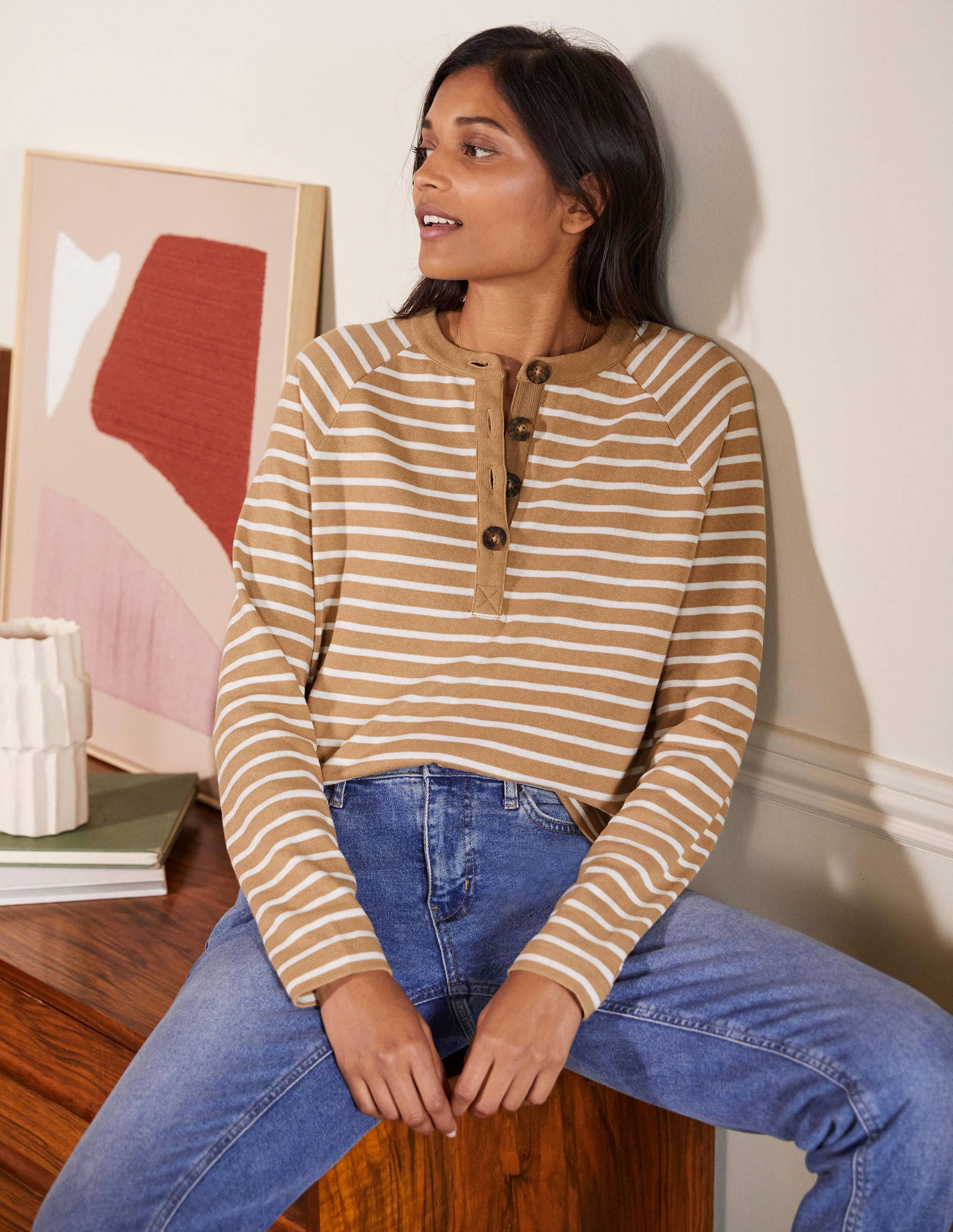 Mariner Henley Top-Camel/Ivory-4
