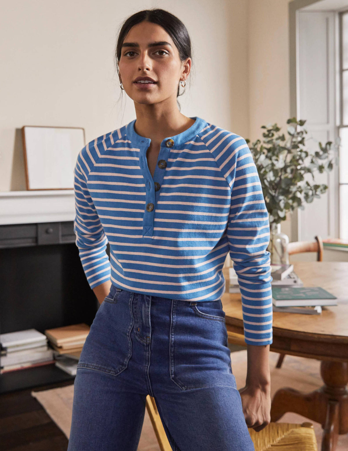 Mariner Henley Top-Blue Ribbon/Milkshake-4
