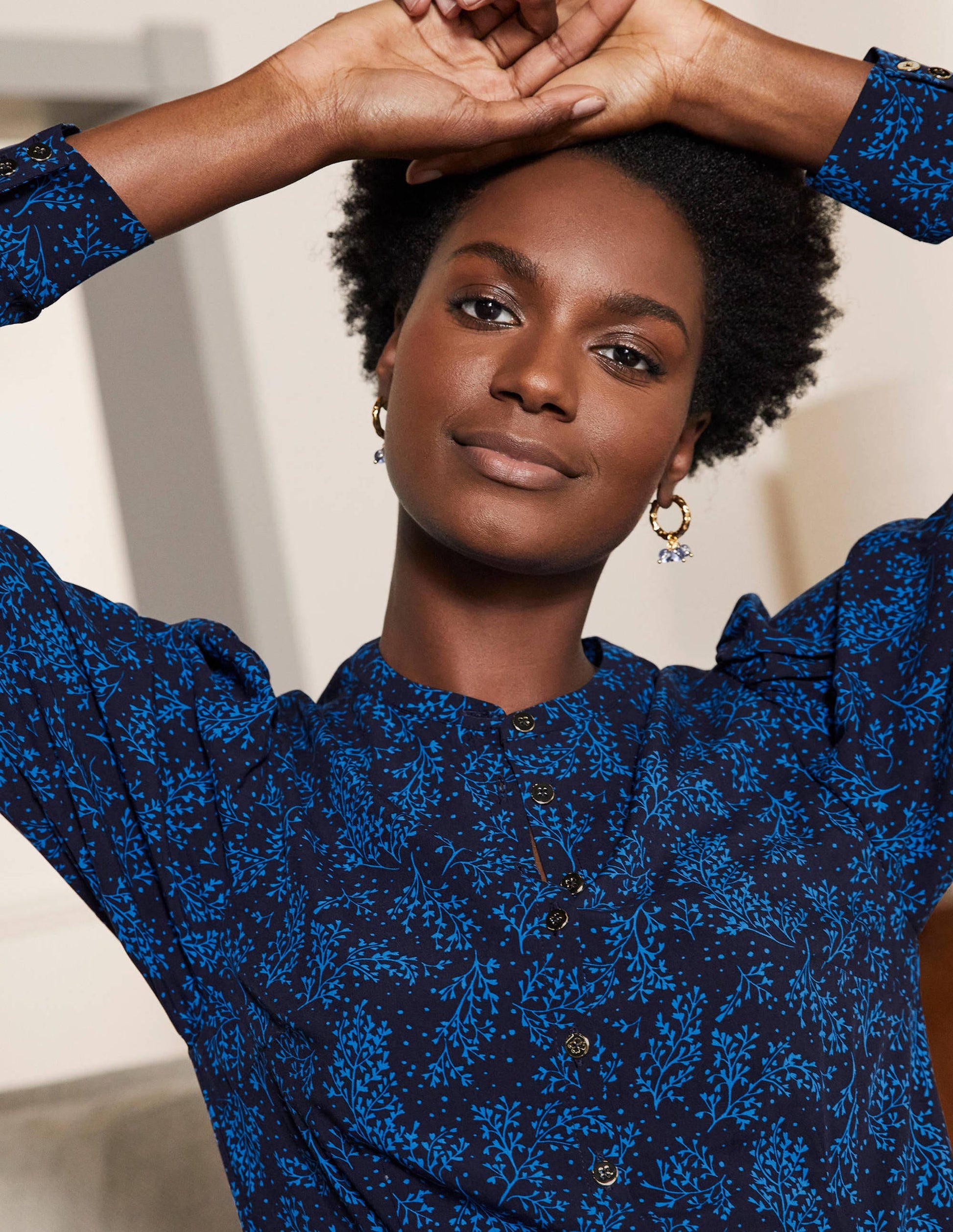 Puff Sleeve Shirt-Navy/ Blue Leafy Sprig-1