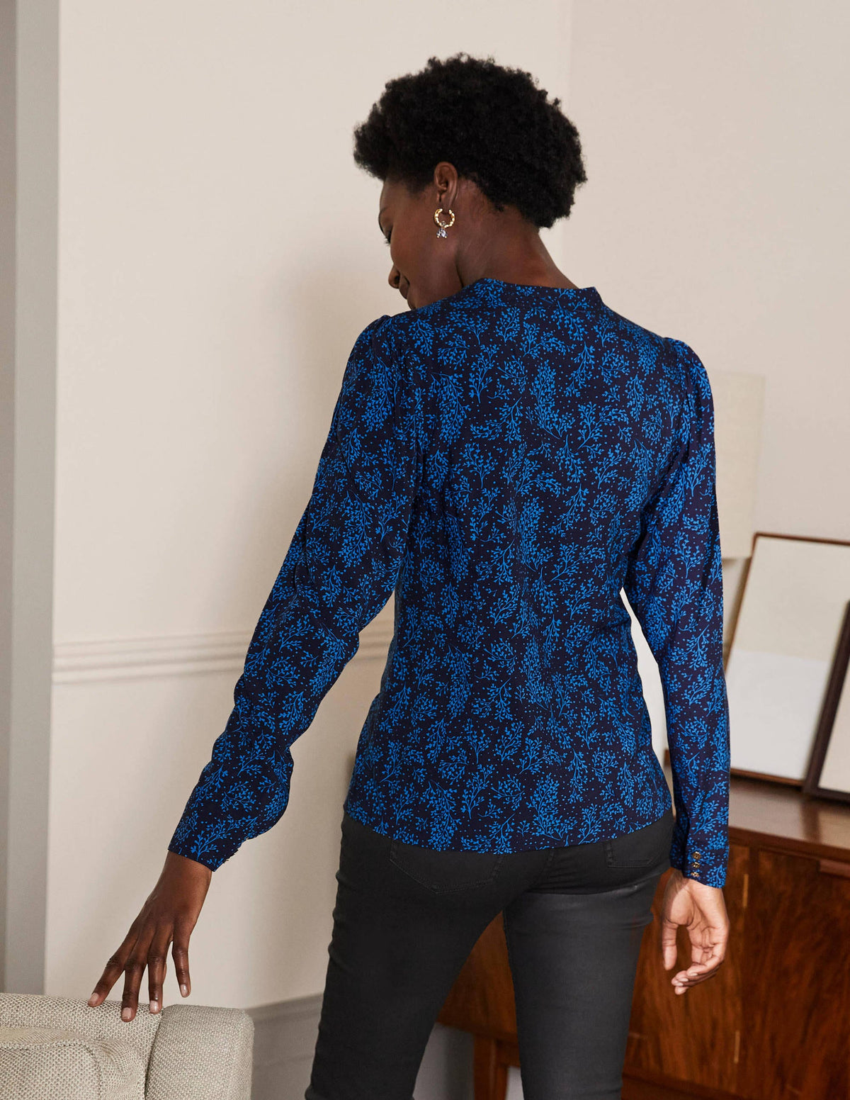 Puff Sleeve Shirt-Navy/ Blue Leafy Sprig-2