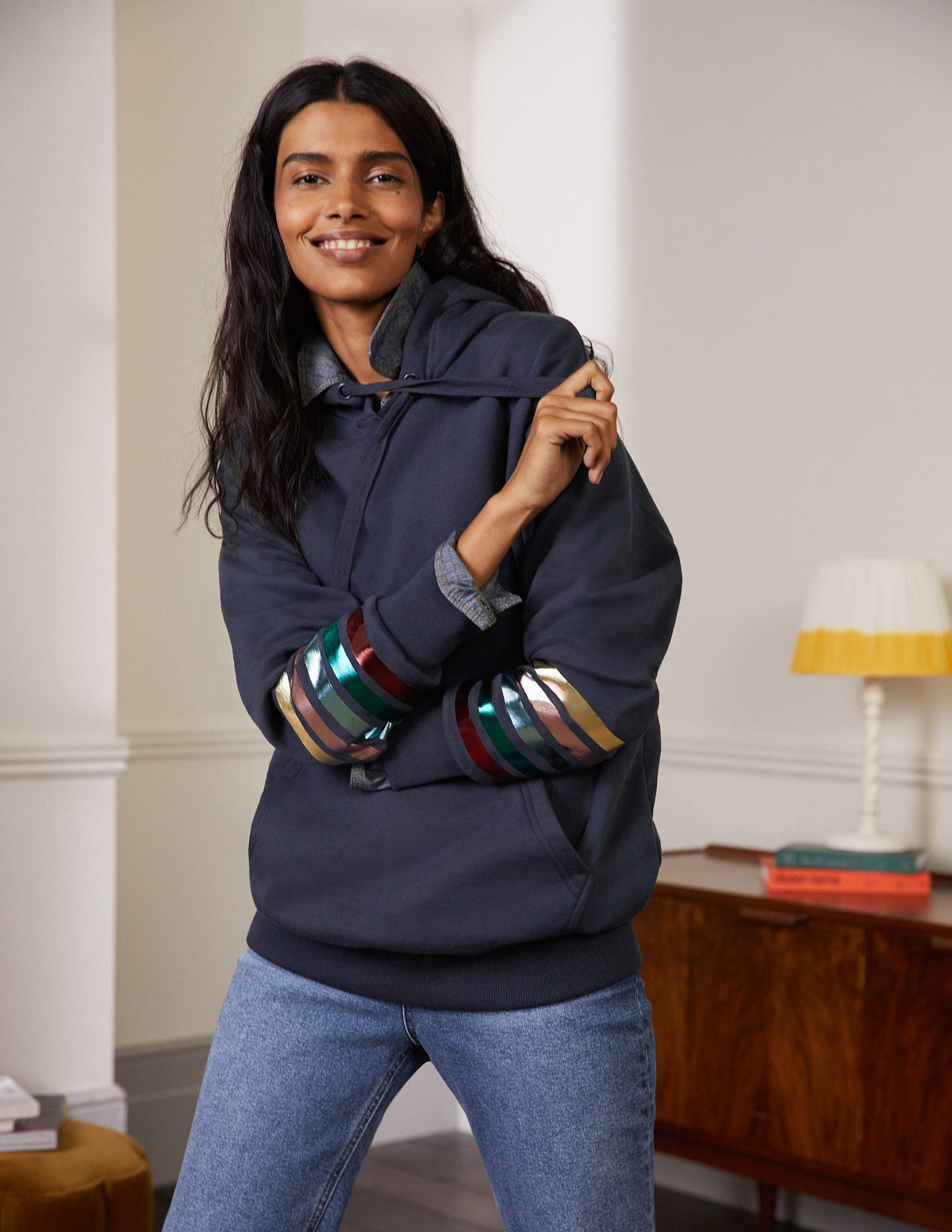 Oversized Hoodie-Navy Rainbow Foil Cuff-4
