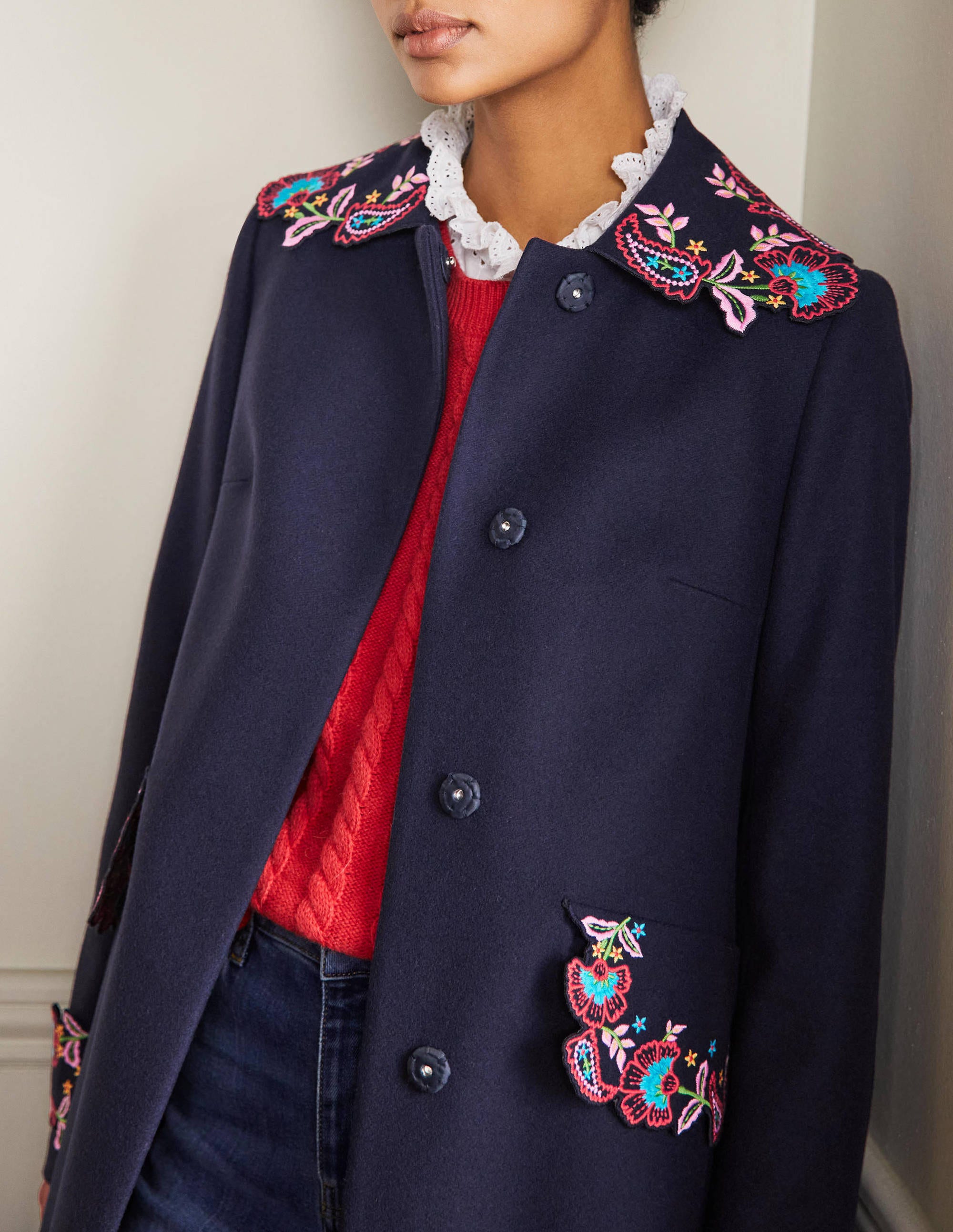 Floral Embroidered Coat-Navy Embroidered - Image 1