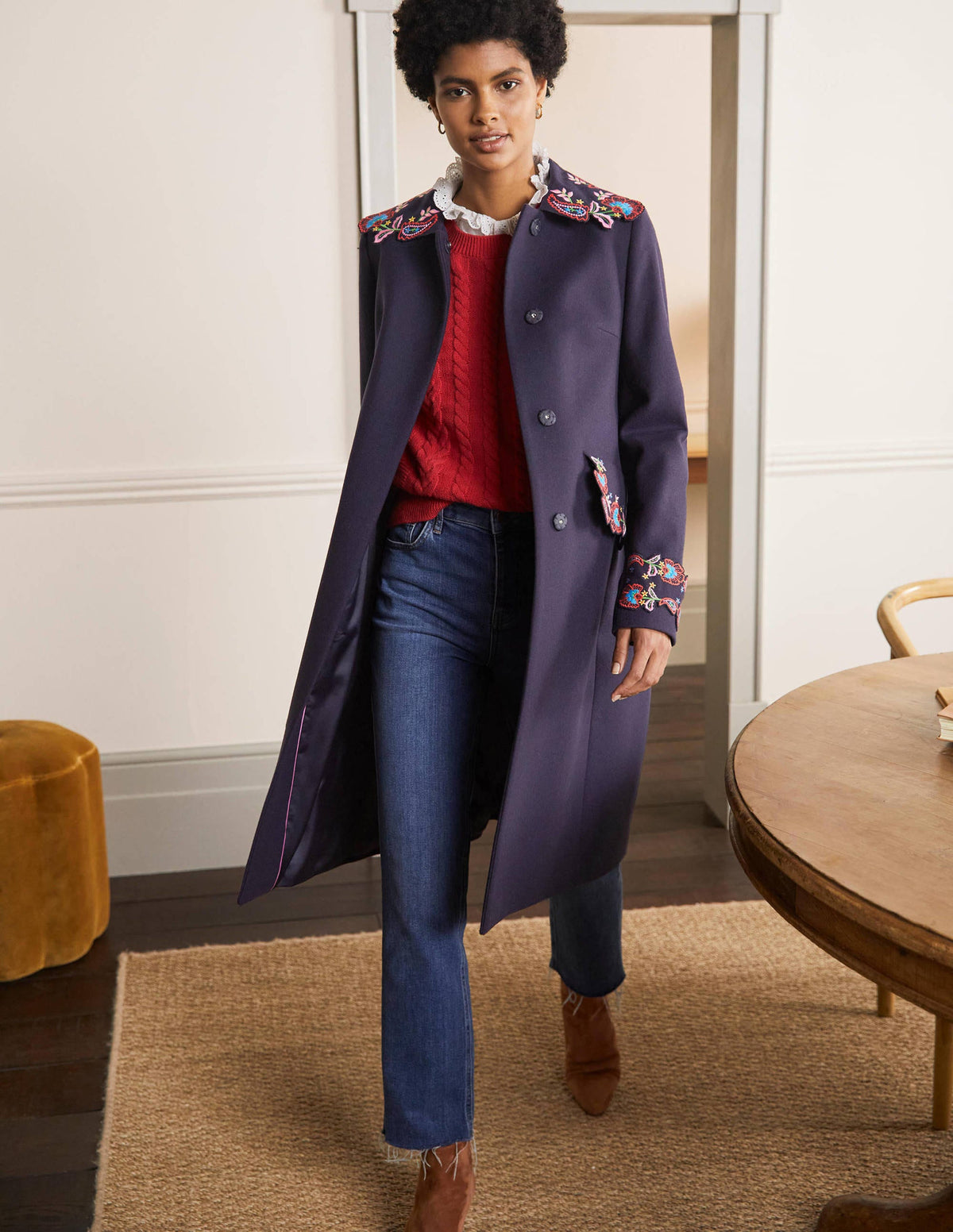 Floral Embroidered Coat-Navy Embroidered - Image 3