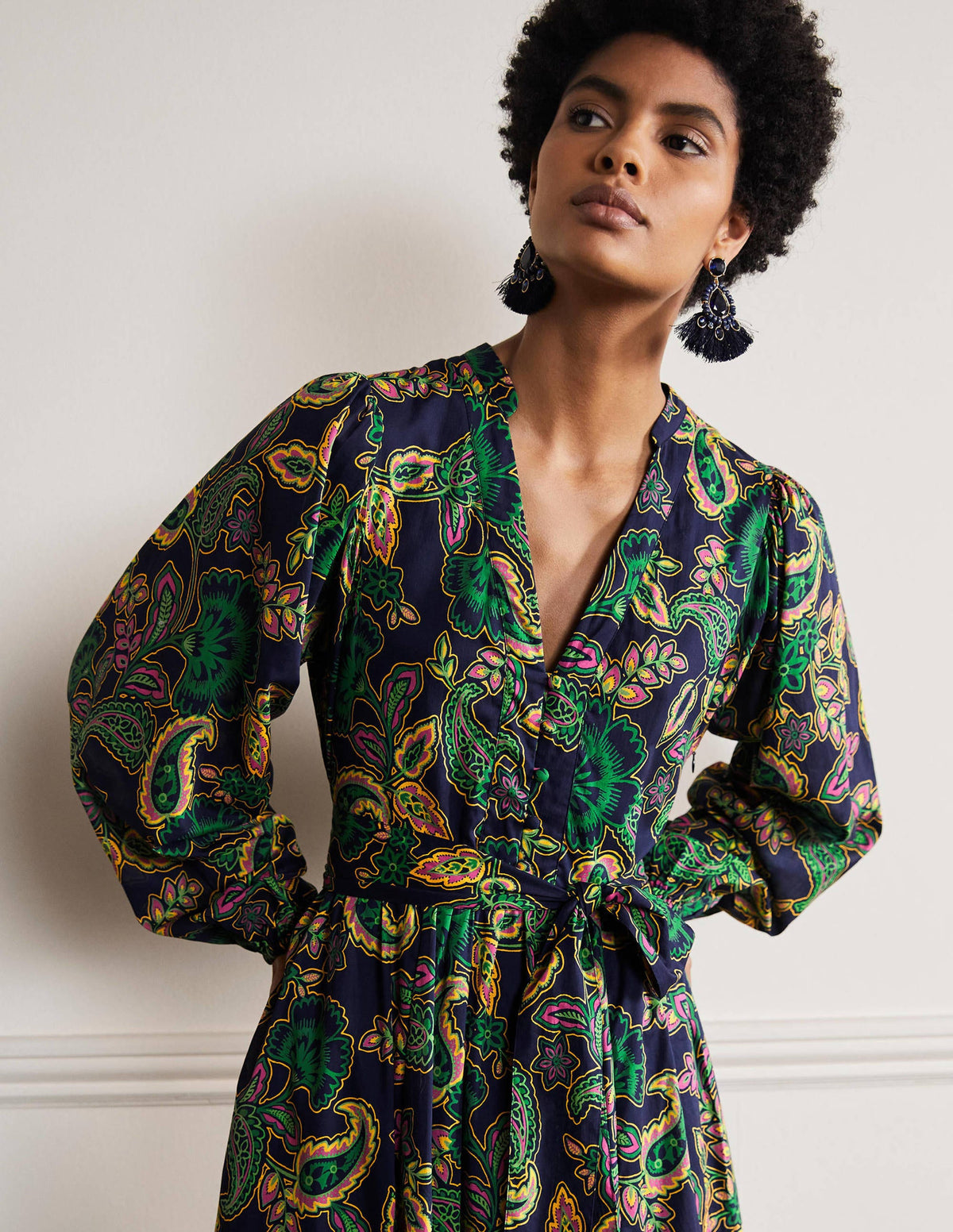Notch Neck Cotton Maxi Dress-Navy, Exotic Floral - Image 1