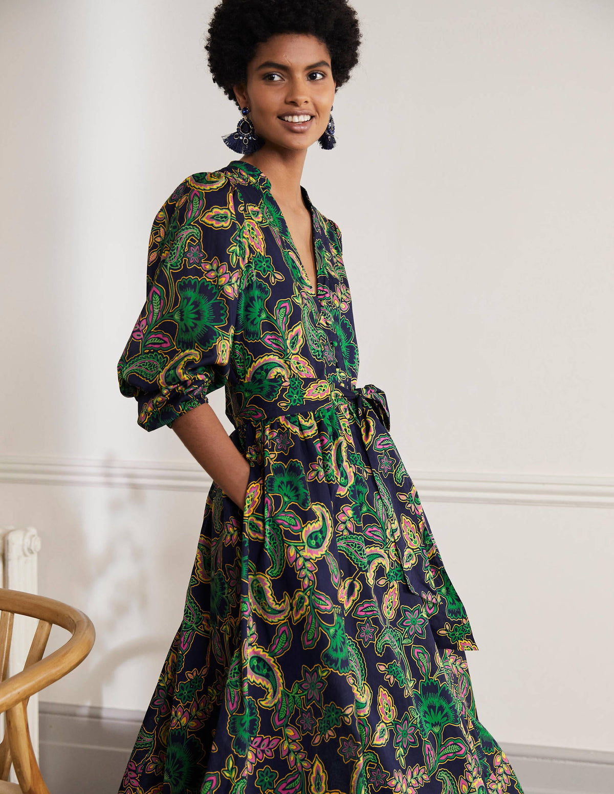 Notch Neck Cotton Maxi Dress-Navy, Exotic Floral - Image 3