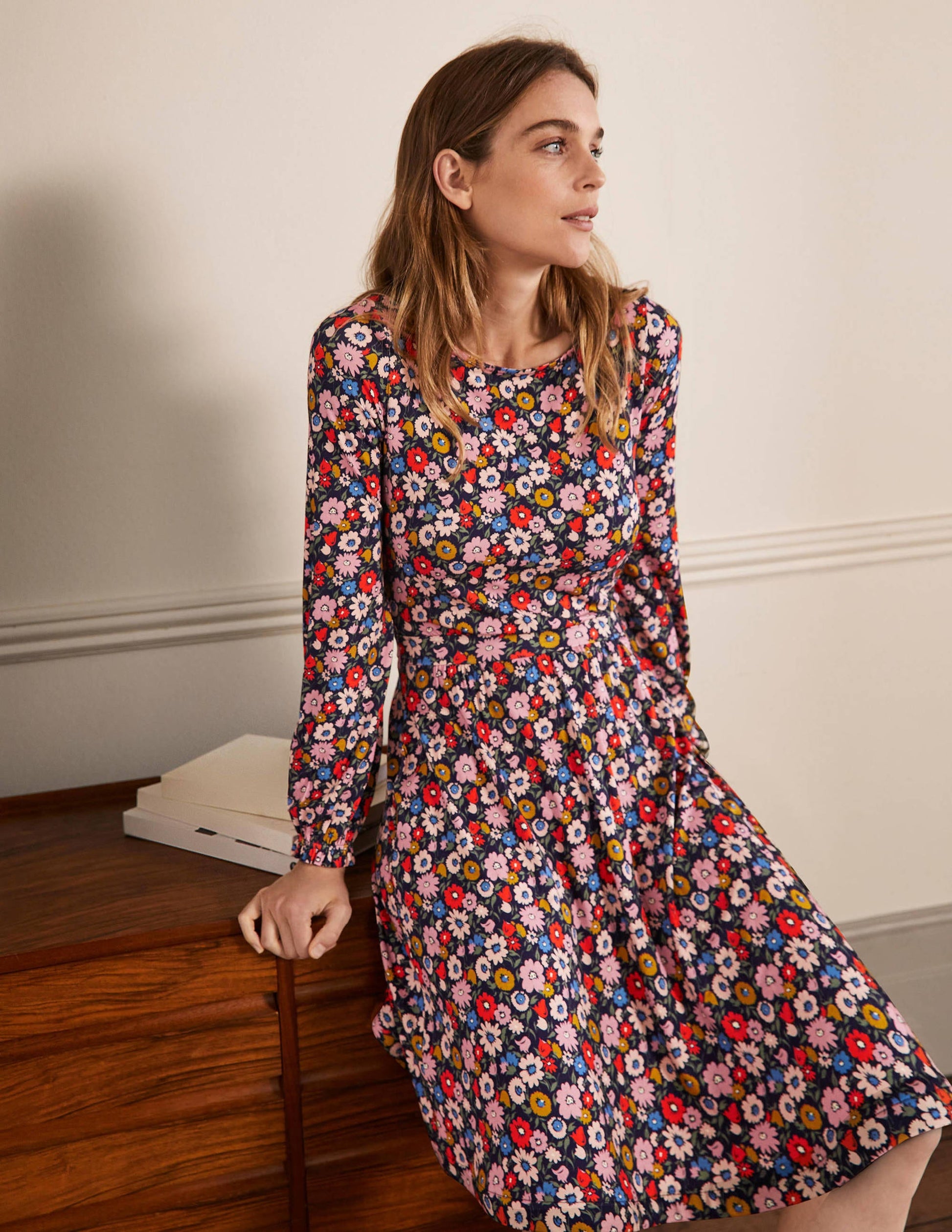 Evelyn Jersey Midi Dress-French Navy, Elegant Bloom-1