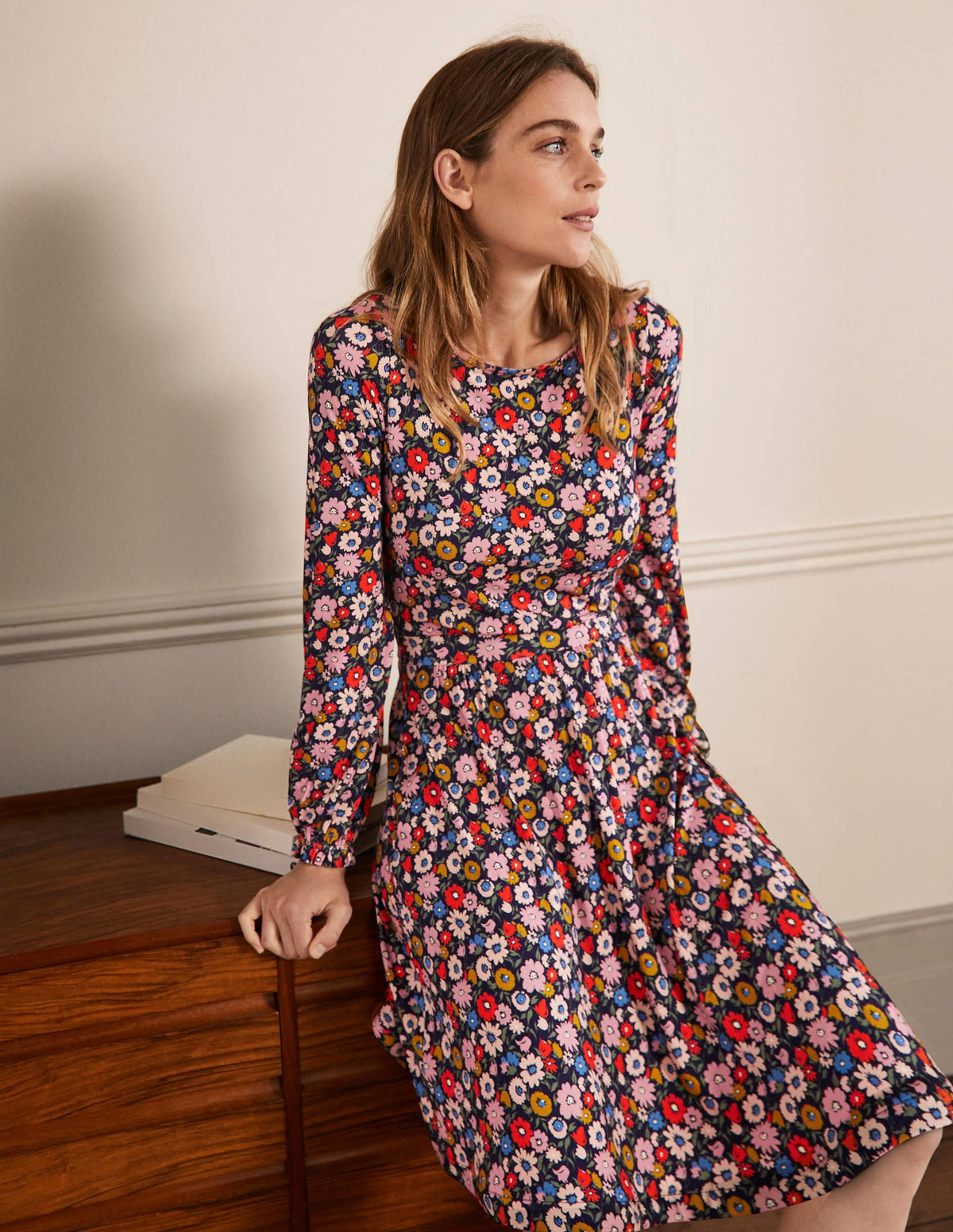 Evelyn Jersey Midi Dress-French Navy, Elegant Bloom - Image 1