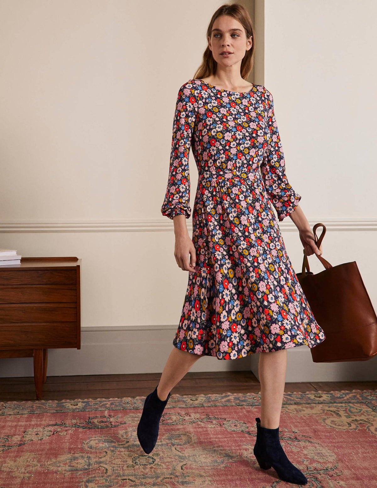 Evelyn Jersey Midi Dress-French Navy, Elegant Bloom-4