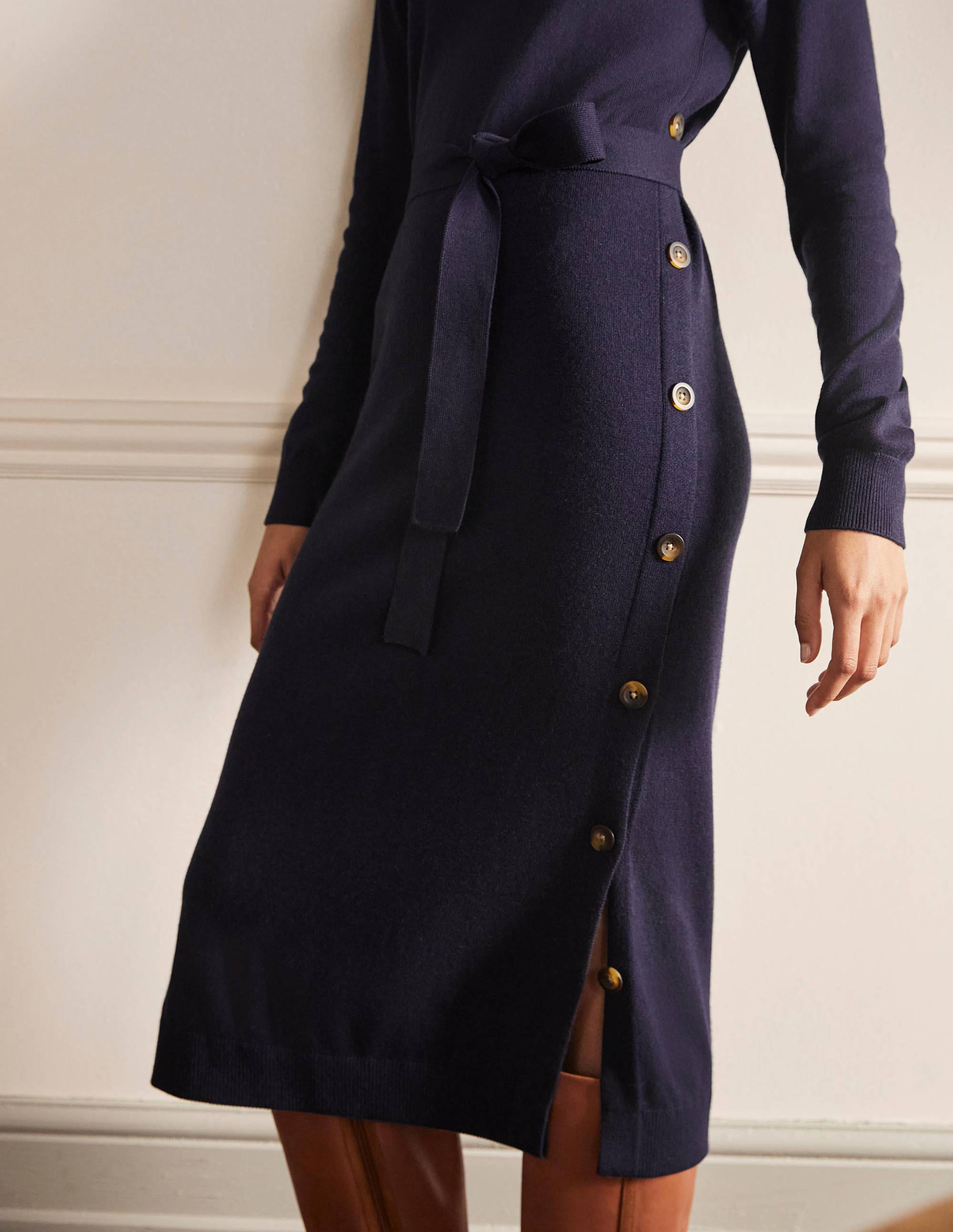 Side Button Knitted Dress-Navy - Image 2