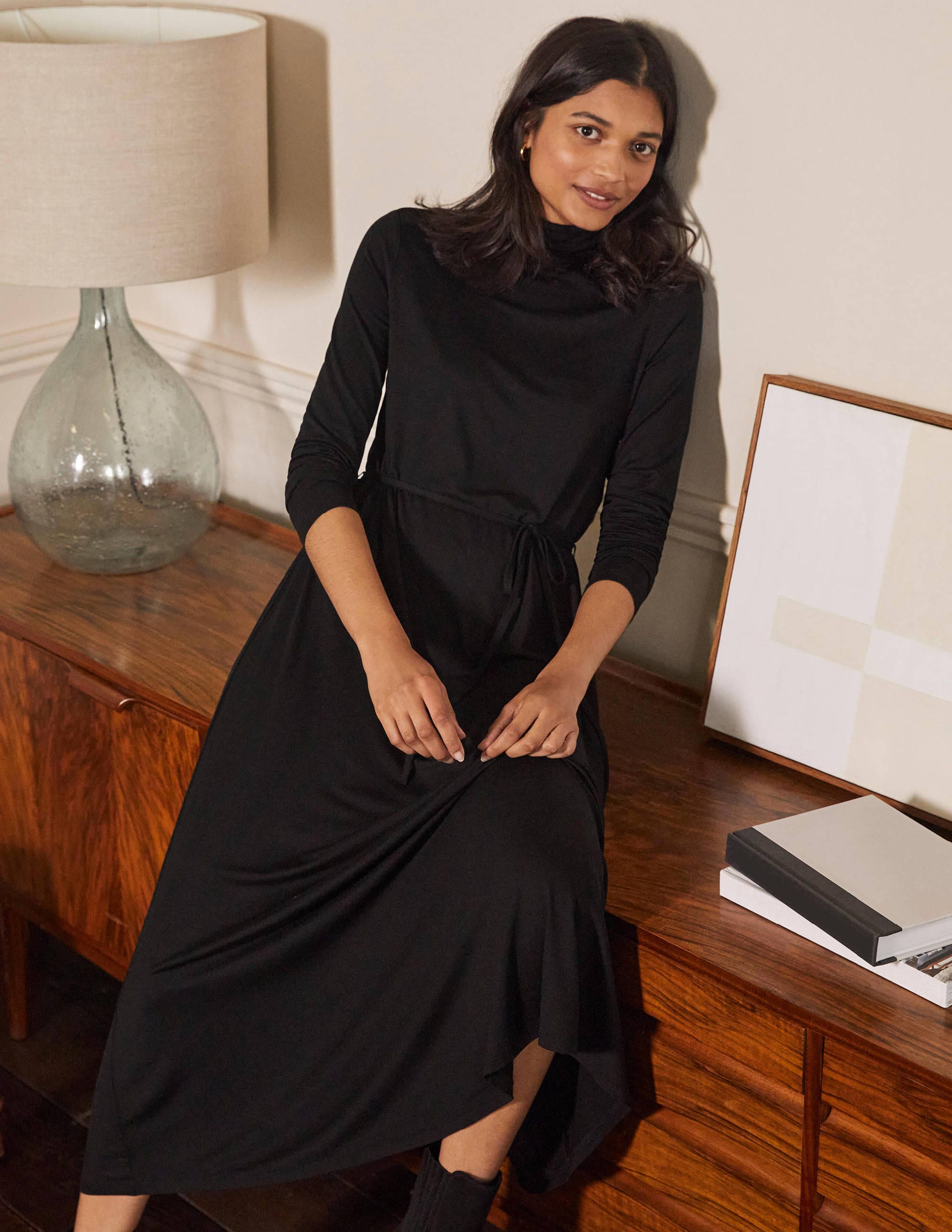 Roll Neck Jersey Midi Dress-Black - Image 1
