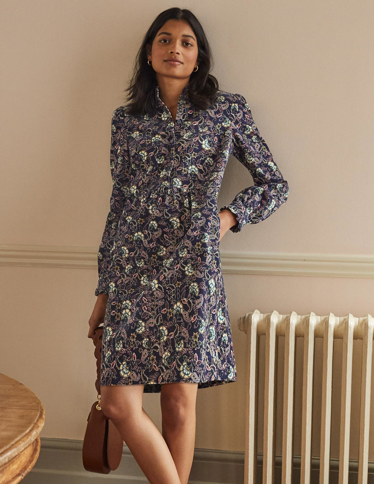 Ruffle Neck Cord Dress-French Navy, Exotic Floral - Image 1